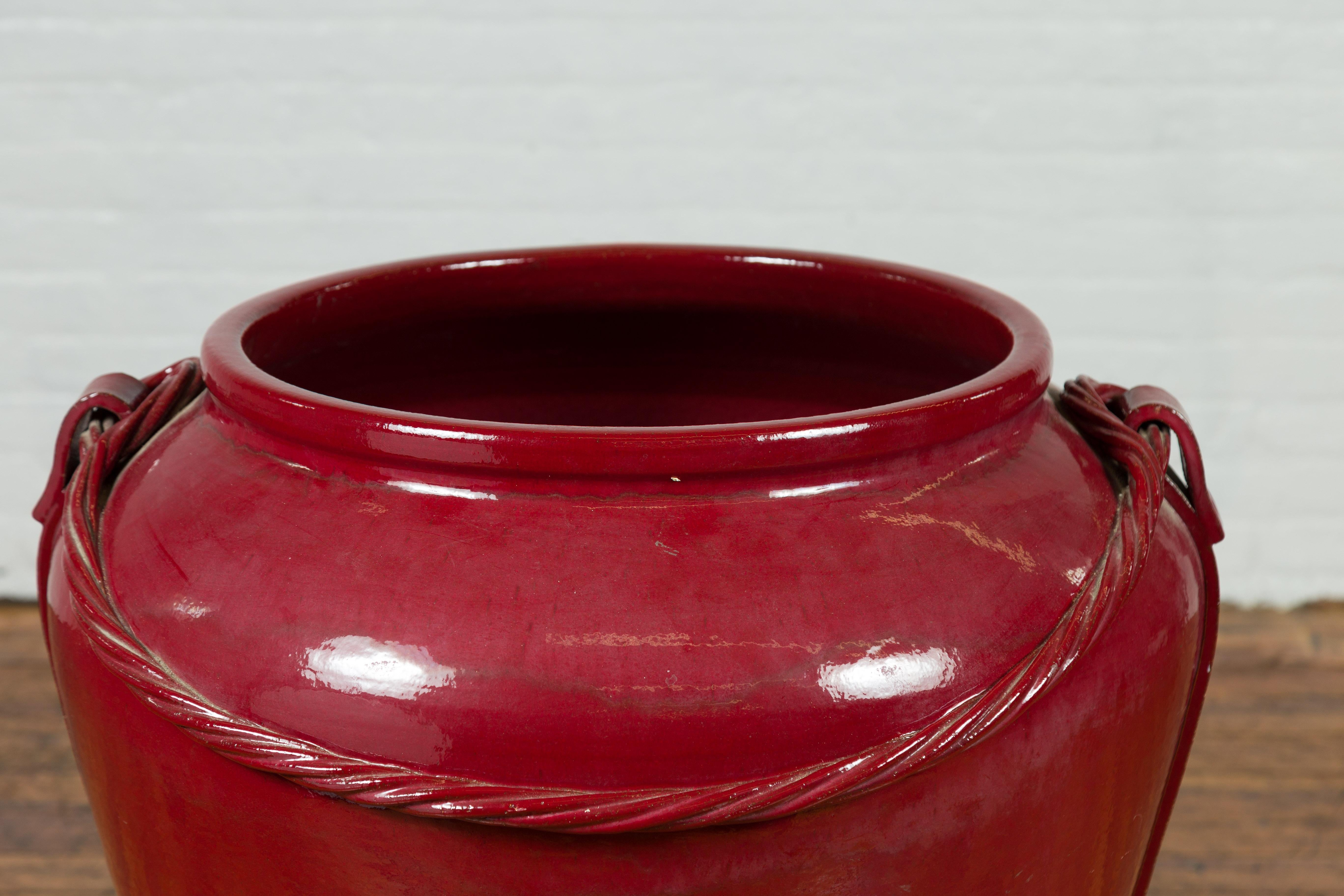 Contemporary Thai Oversized Oxblood Water Jar from Chiang Mai with Rope Design In Good Condition For Sale In Yonkers, NY