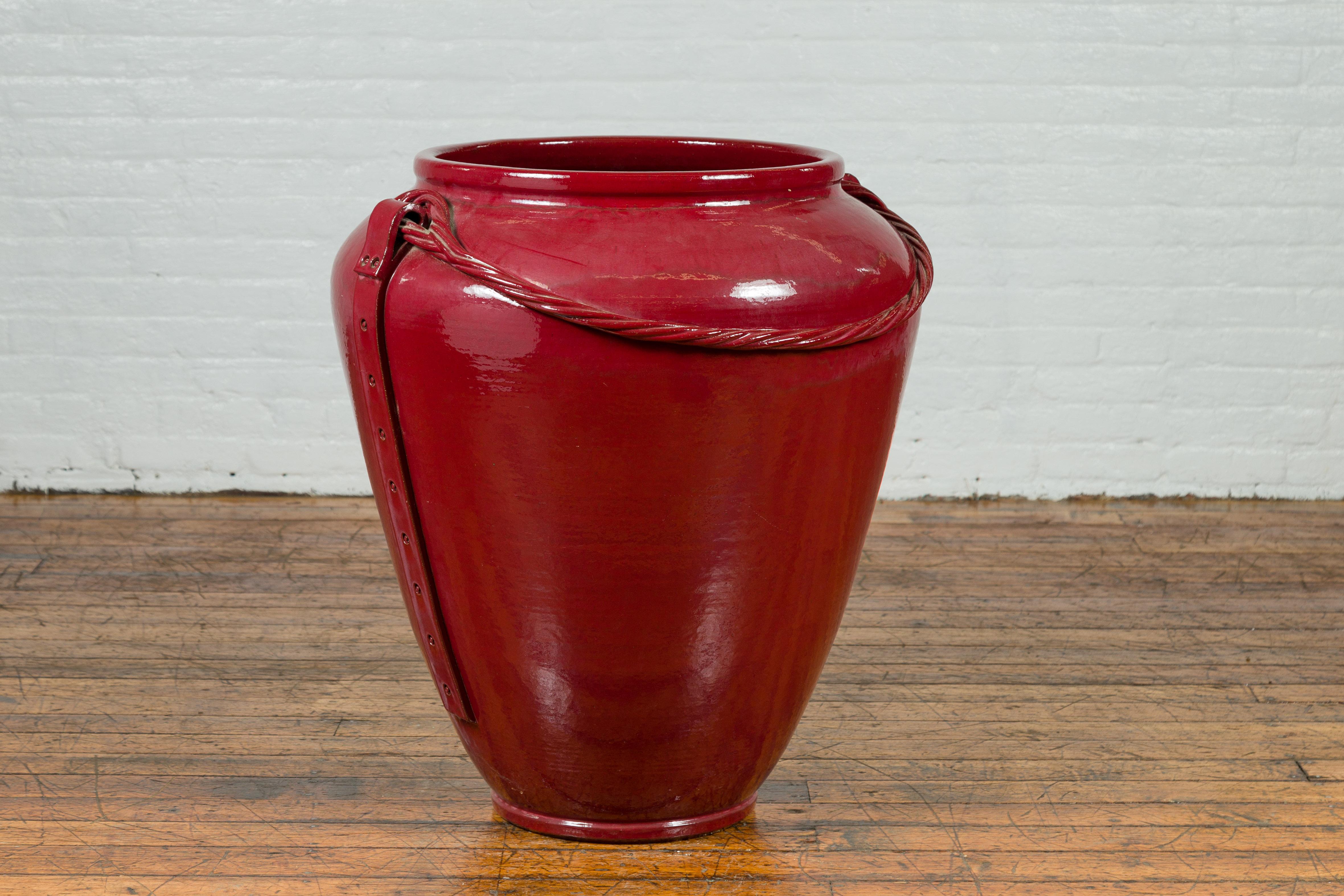 Ceramic Contemporary Thai Oversized Oxblood Water Jar from Chiang Mai with Rope Design For Sale