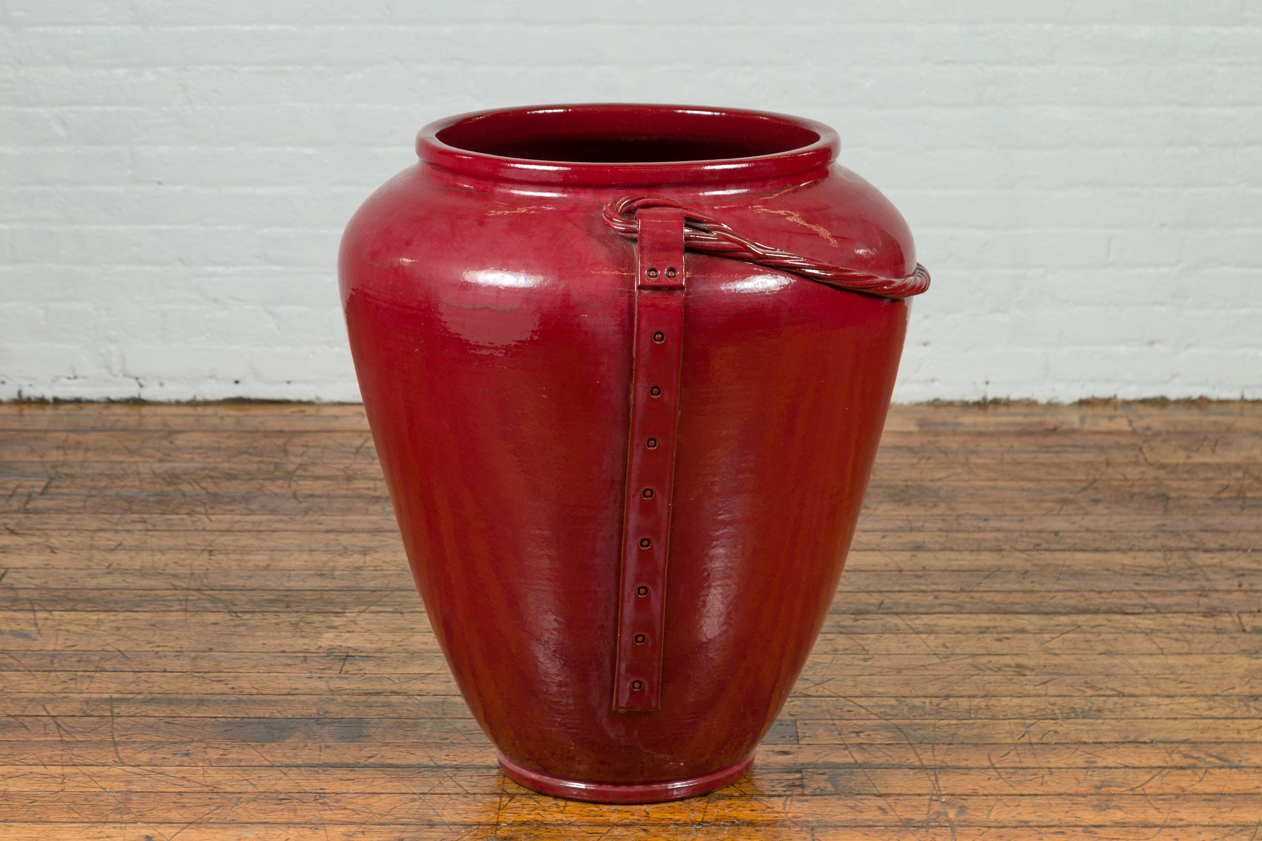 Contemporary Thai Oversized Oxblood Water Jar from Chiang Mai with Rope Design For Sale 1