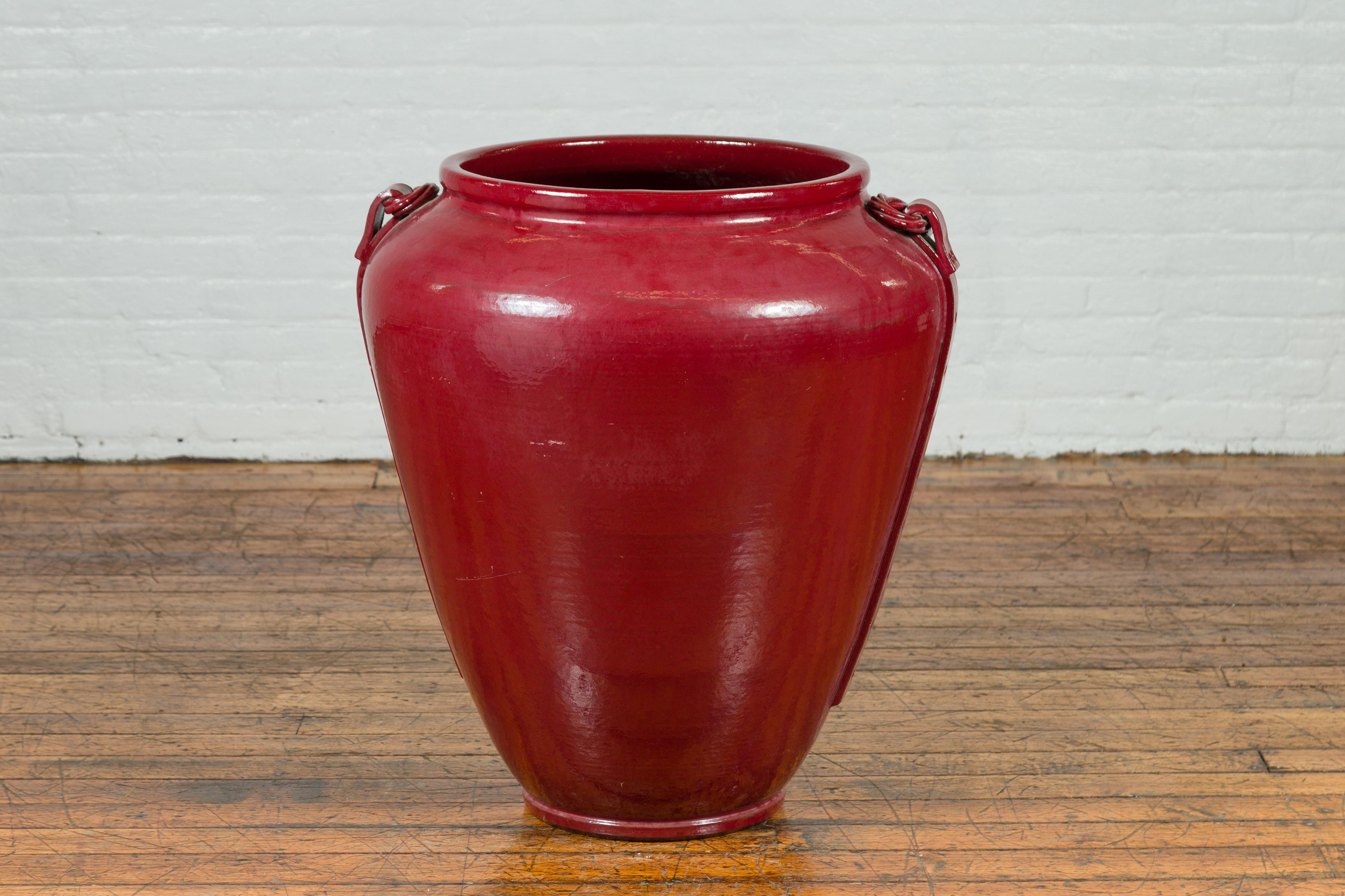 Contemporary Thai Oversized Oxblood Water Jar from Chiang Mai with Rope Design For Sale 2