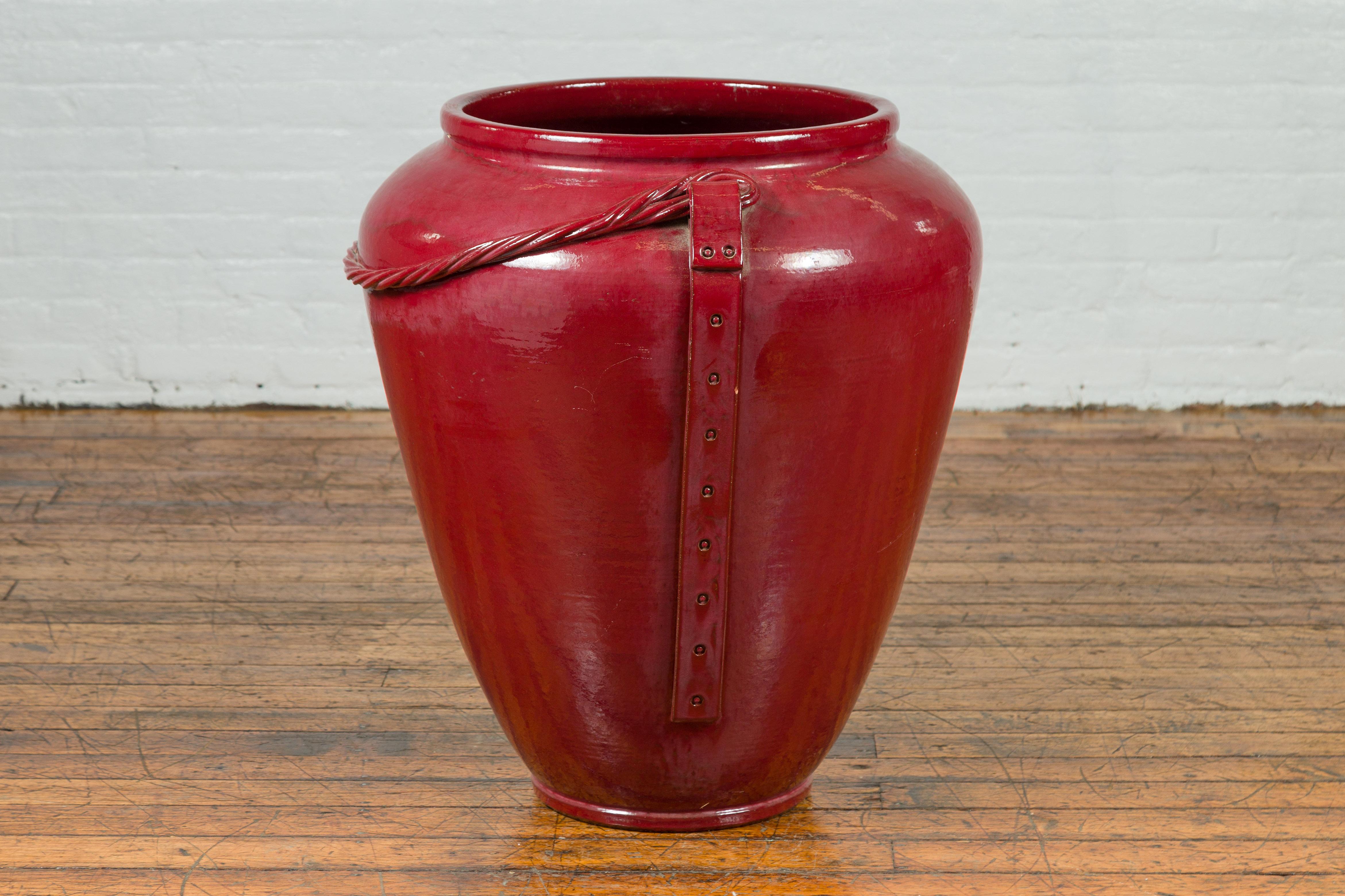 Contemporary Thai Oversized Oxblood Water Jar from Chiang Mai with Rope Design For Sale 3