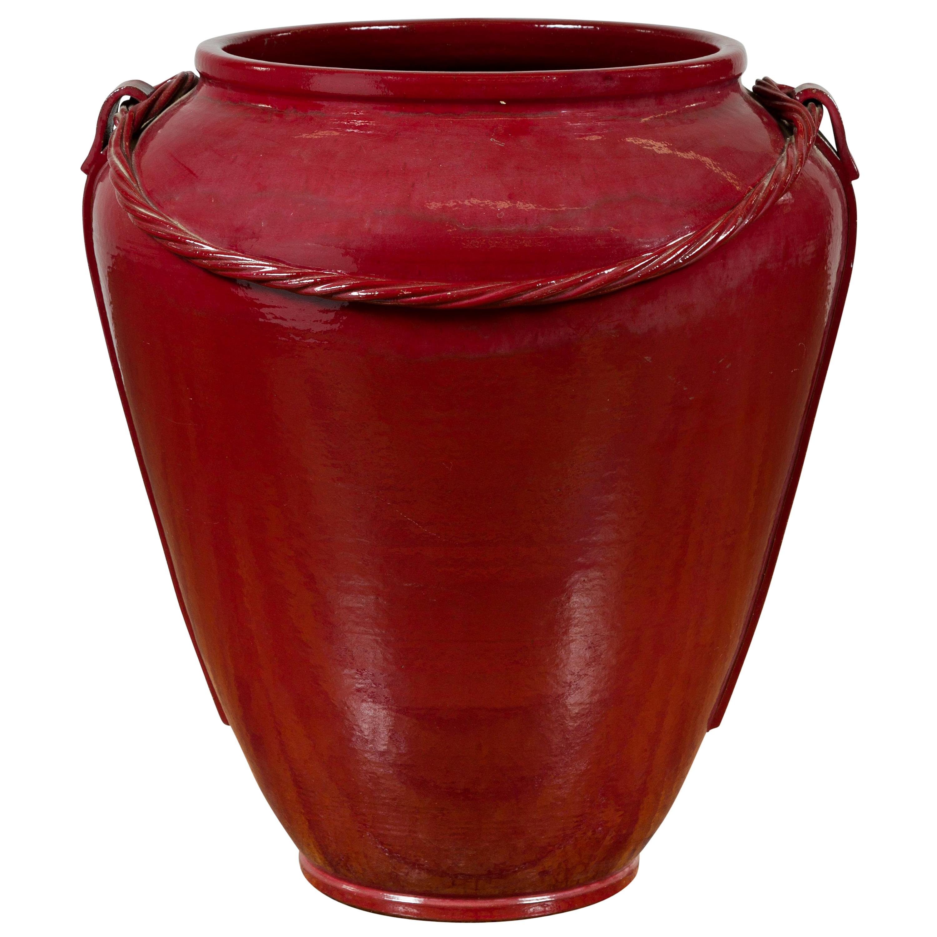 Oversized Oxblood Glazed Ceramic Water Jar with Rope Detailing For Sale