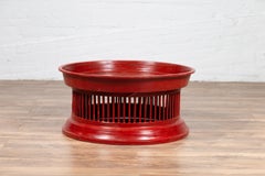 Contemporary Thai Red Lacquered Rattan Drum Coffee Table with Spindle Motifs