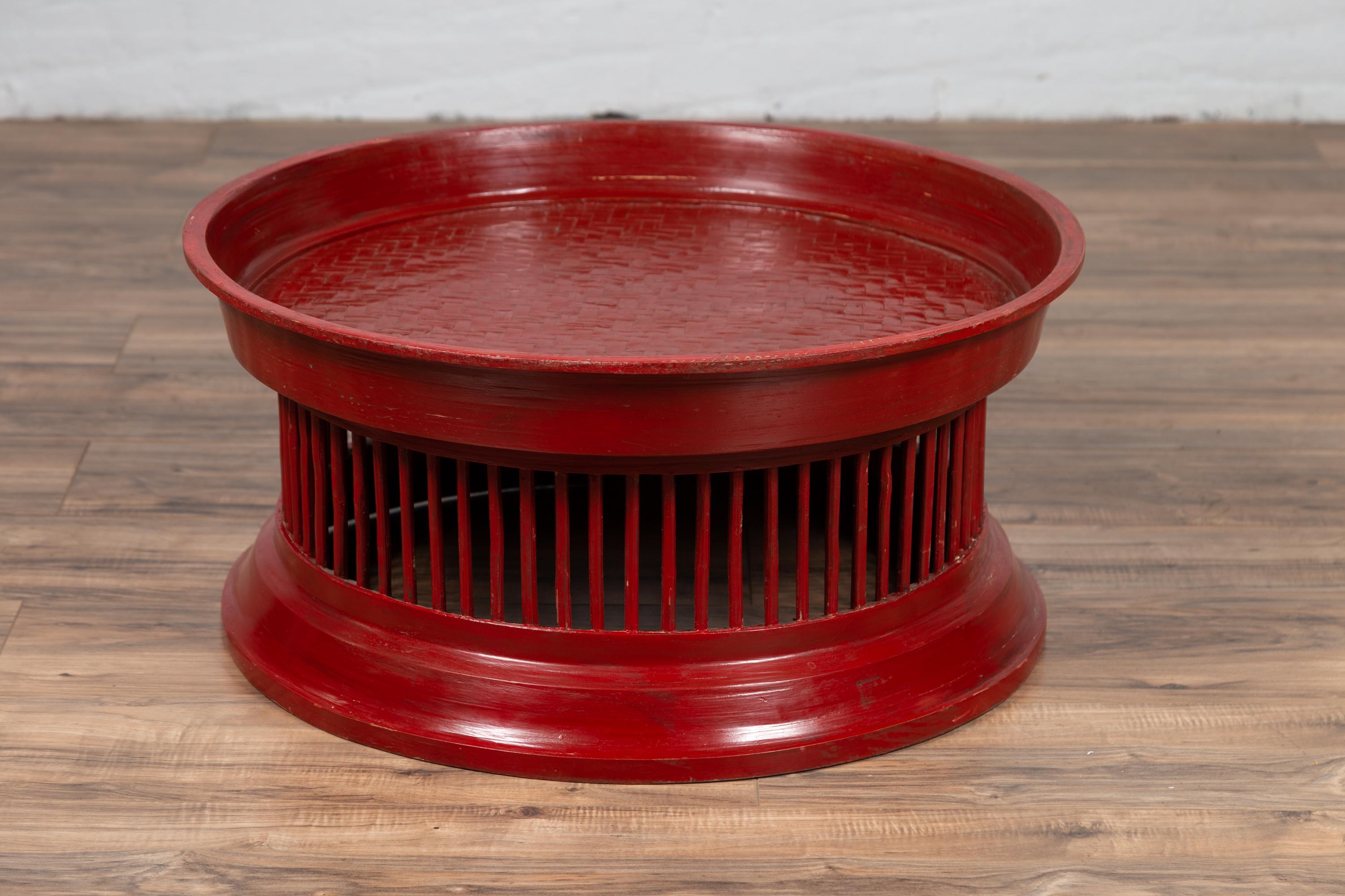 Contemporary Thai Red Lacquered Rattan Drum Coffee Table with Spindle Motifs 1