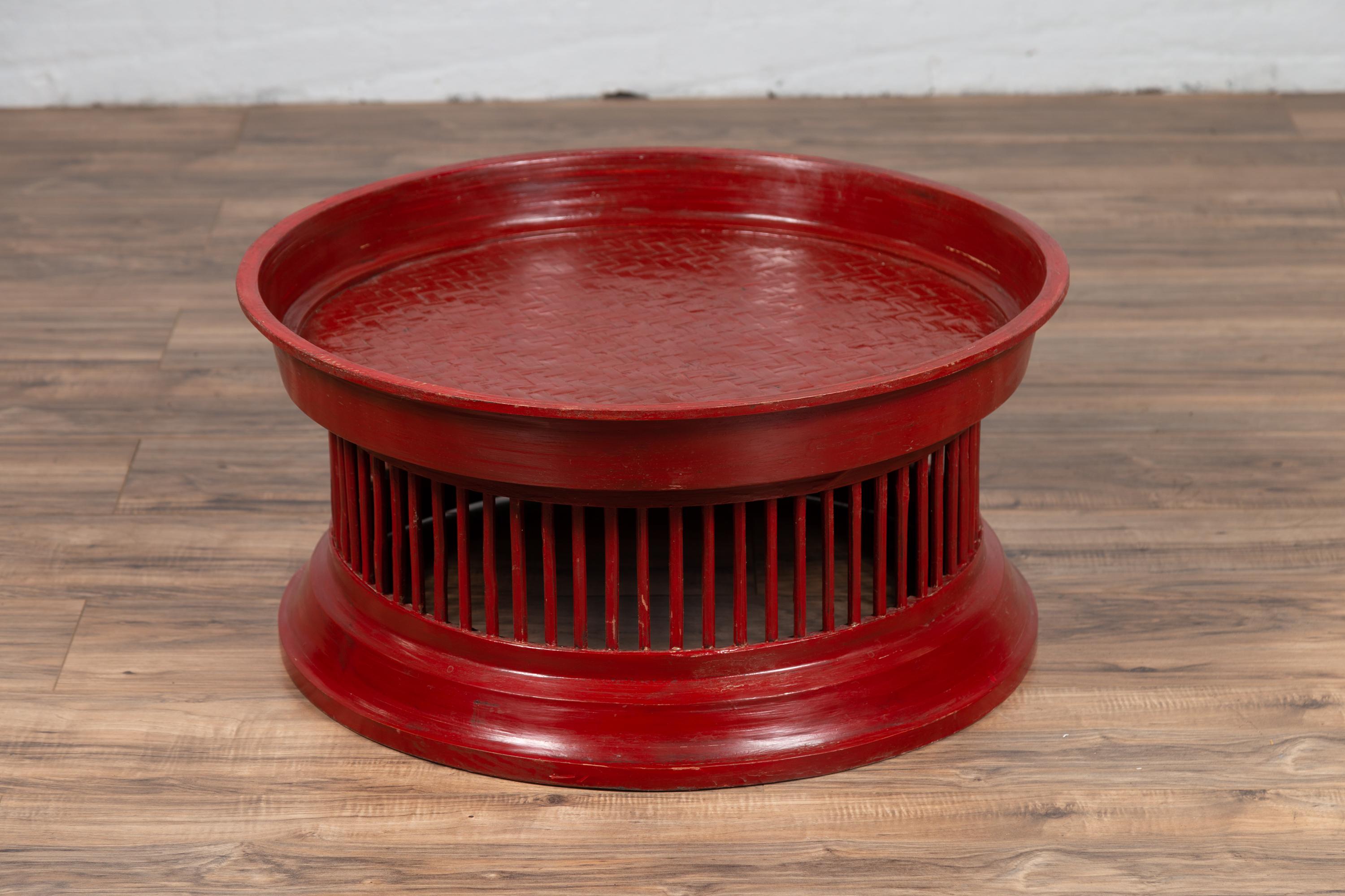 Contemporary Thai Red Lacquered Rattan Drum Coffee Table with Spindle Motifs 2