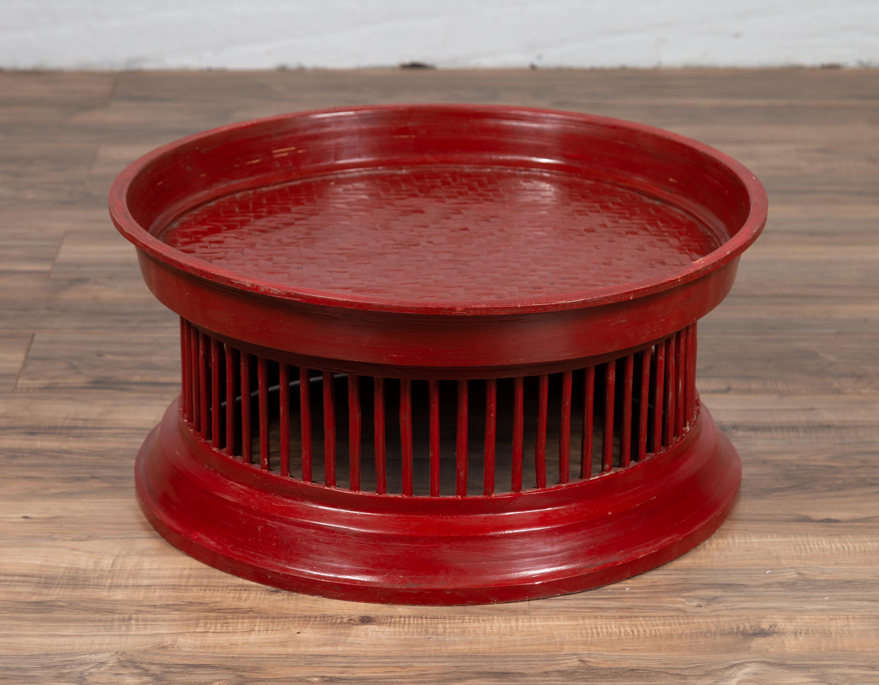 Contemporary Thai Red Lacquered Rattan Drum Coffee Table with Spindle Motifs 3