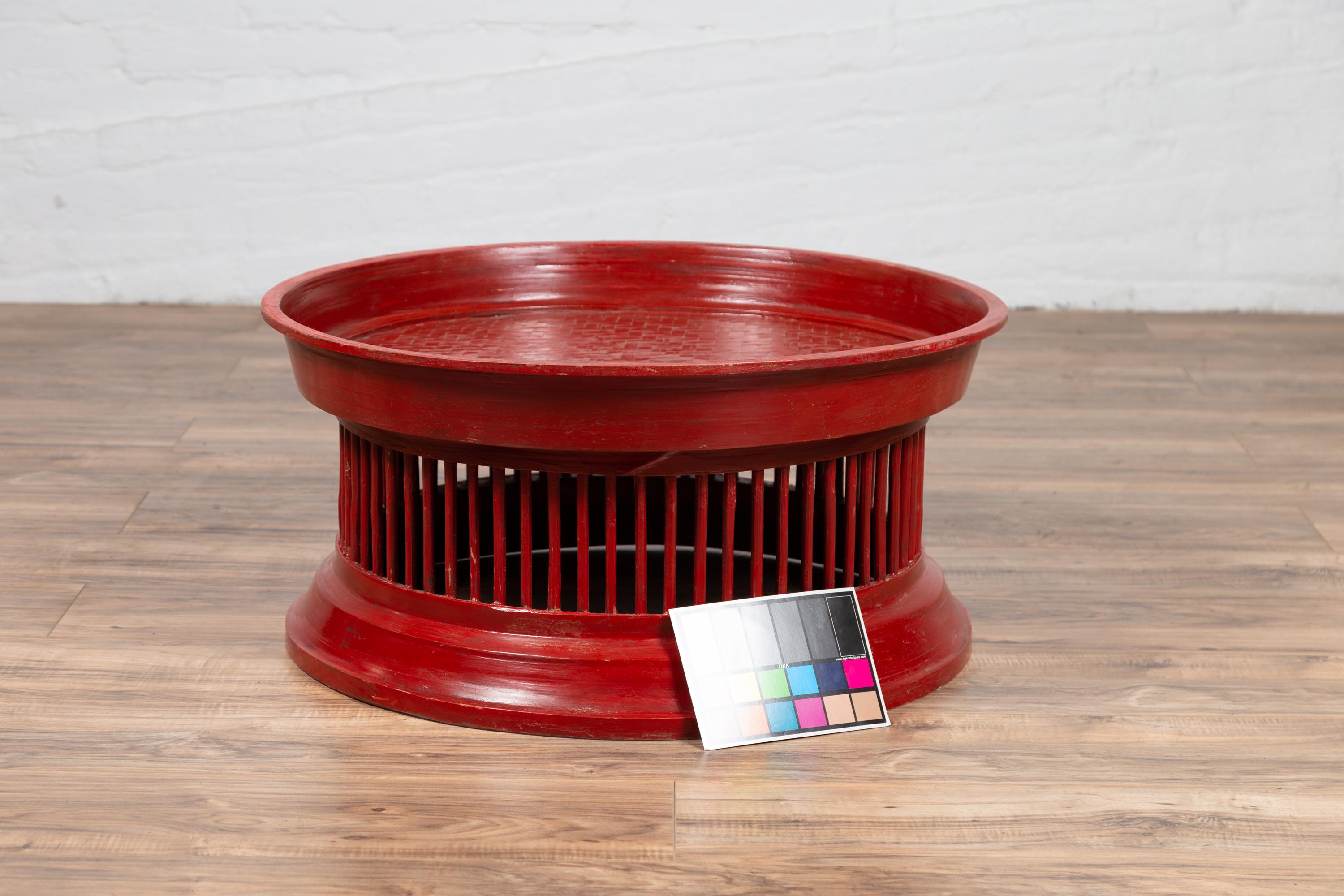 Contemporary Thai Red Lacquered Rattan Drum Coffee Table with Spindle Motifs 5