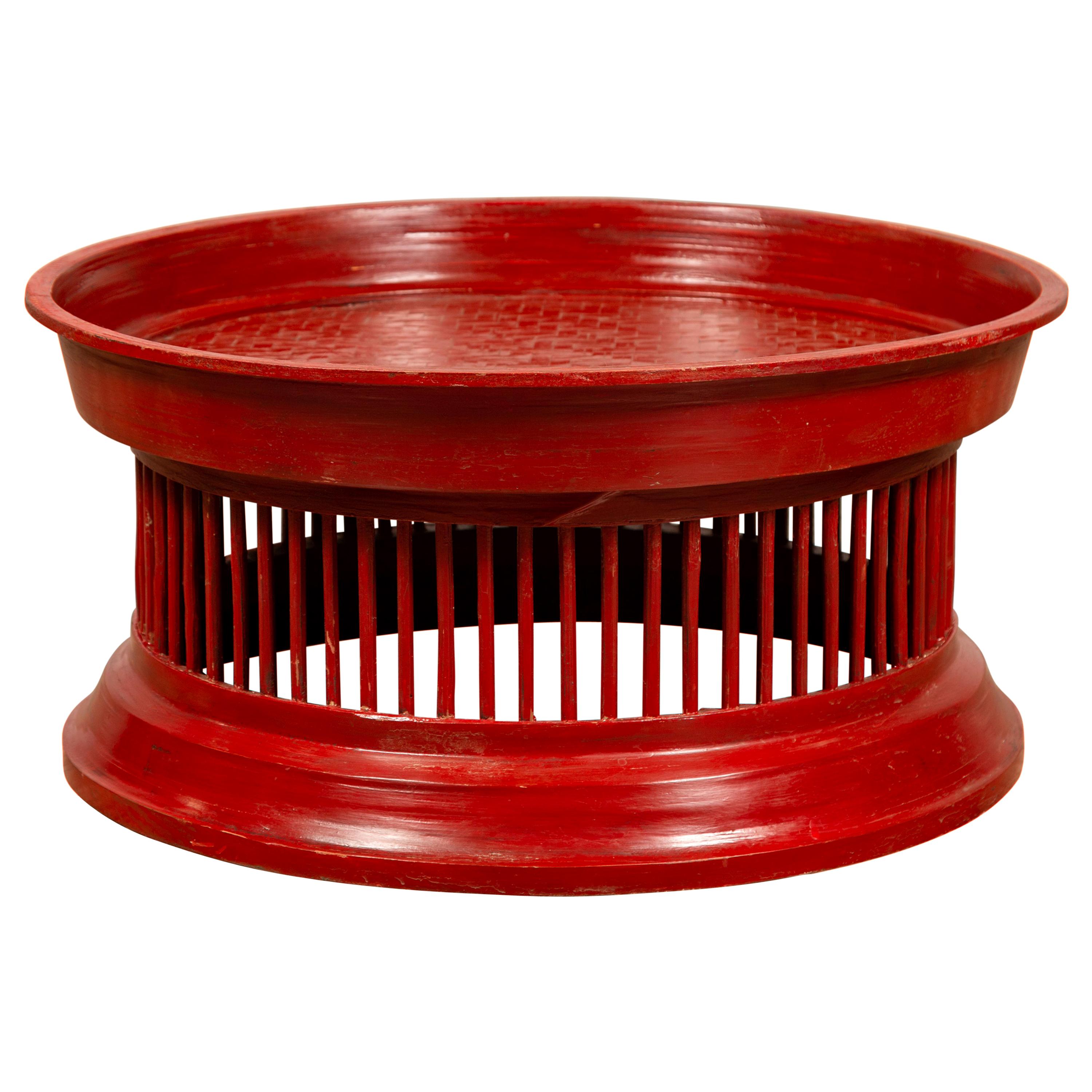 Contemporary Thai Red Lacquered Rattan Drum Coffee Table with Spindle Motifs