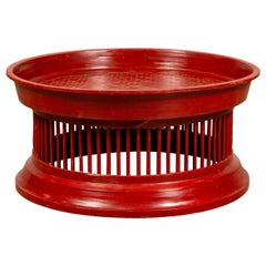 Contemporary Thai Red Lacquered Rattan Drum Coffee Table with Spindle Motifs