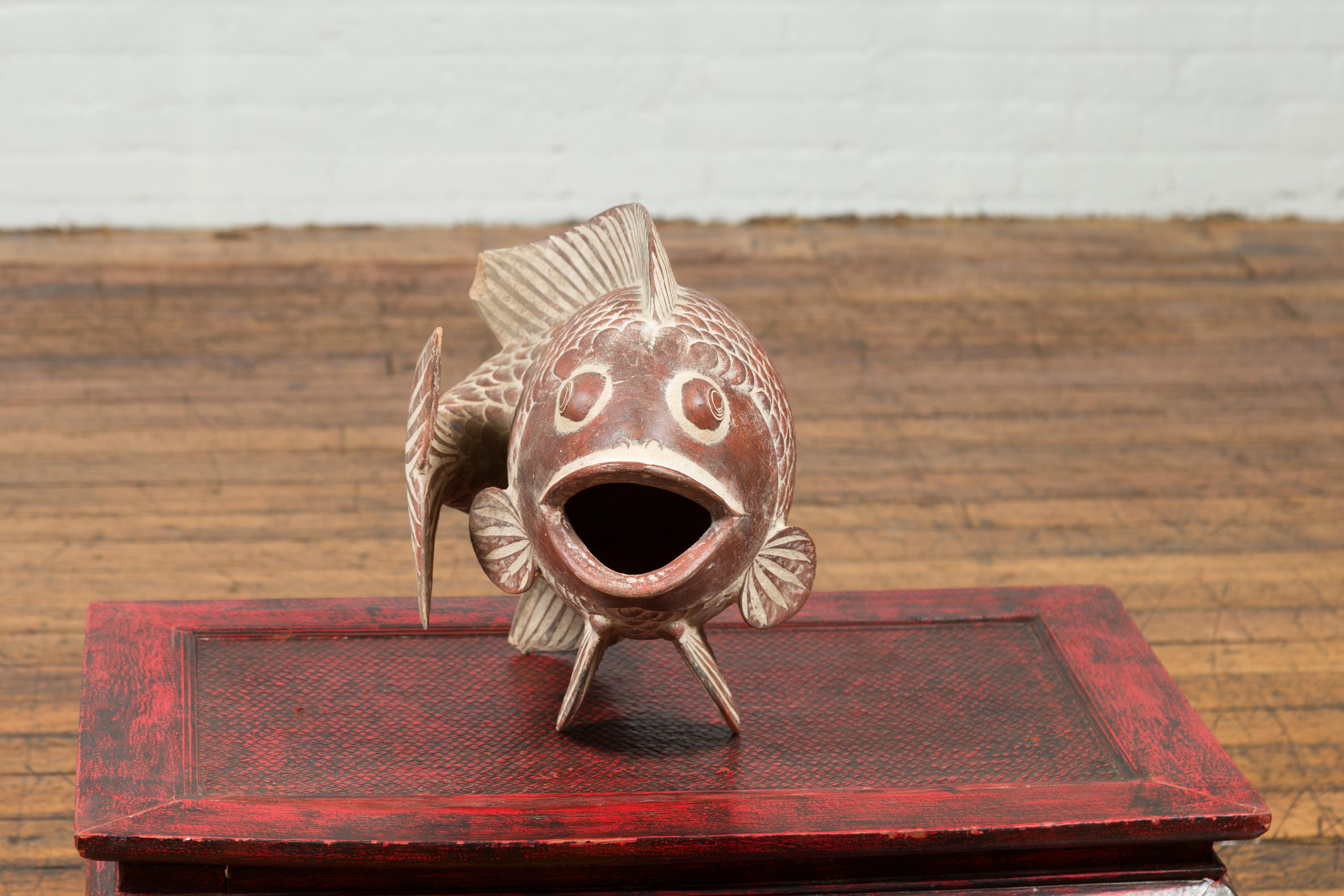 Contemporary Thai Terracotta Fish Sculpture with Brown Accents and Curving Fin In Good Condition In Yonkers, NY