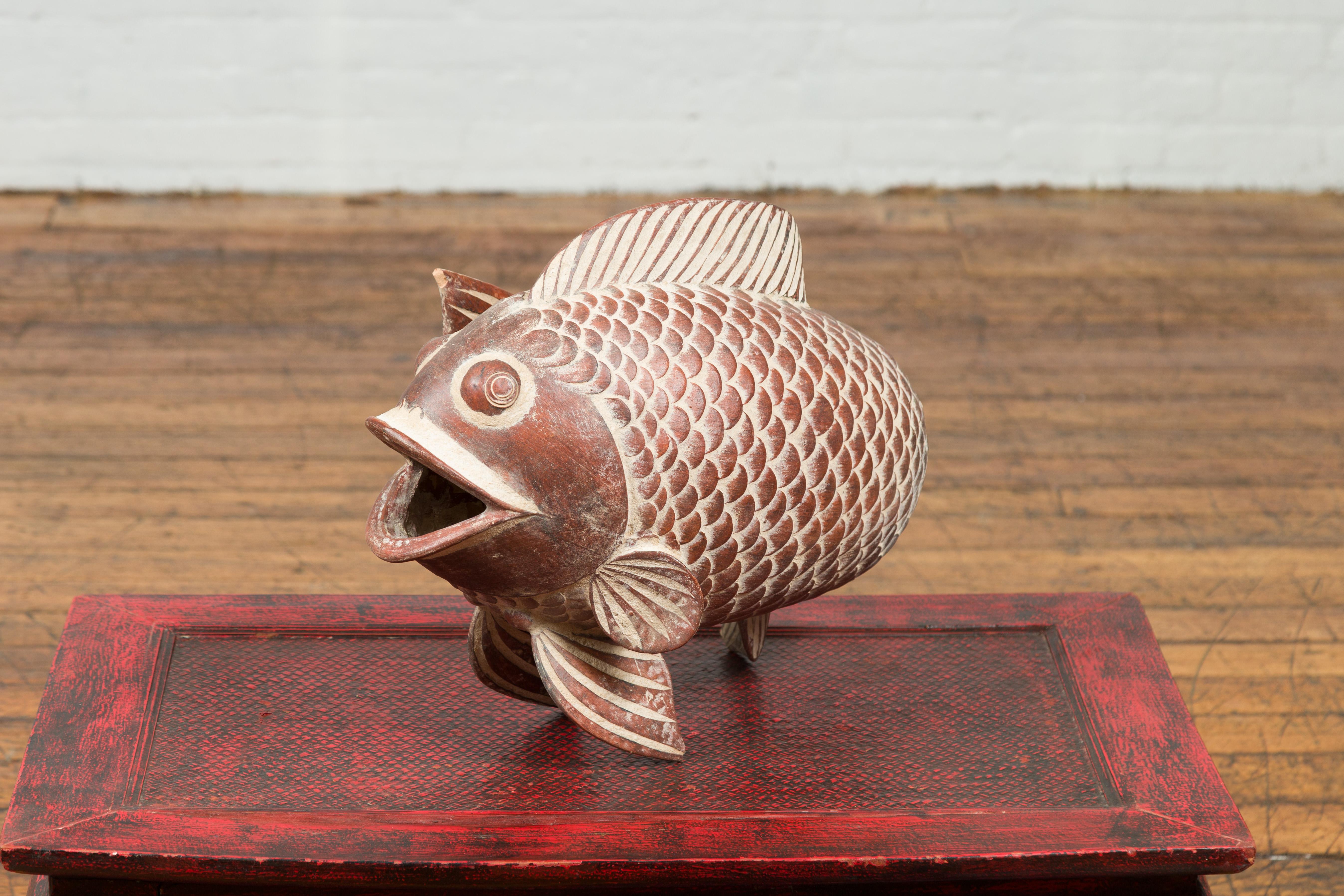 Contemporary Thai Terracotta Fish Sculpture with Brown Accents and Curving Fin 1