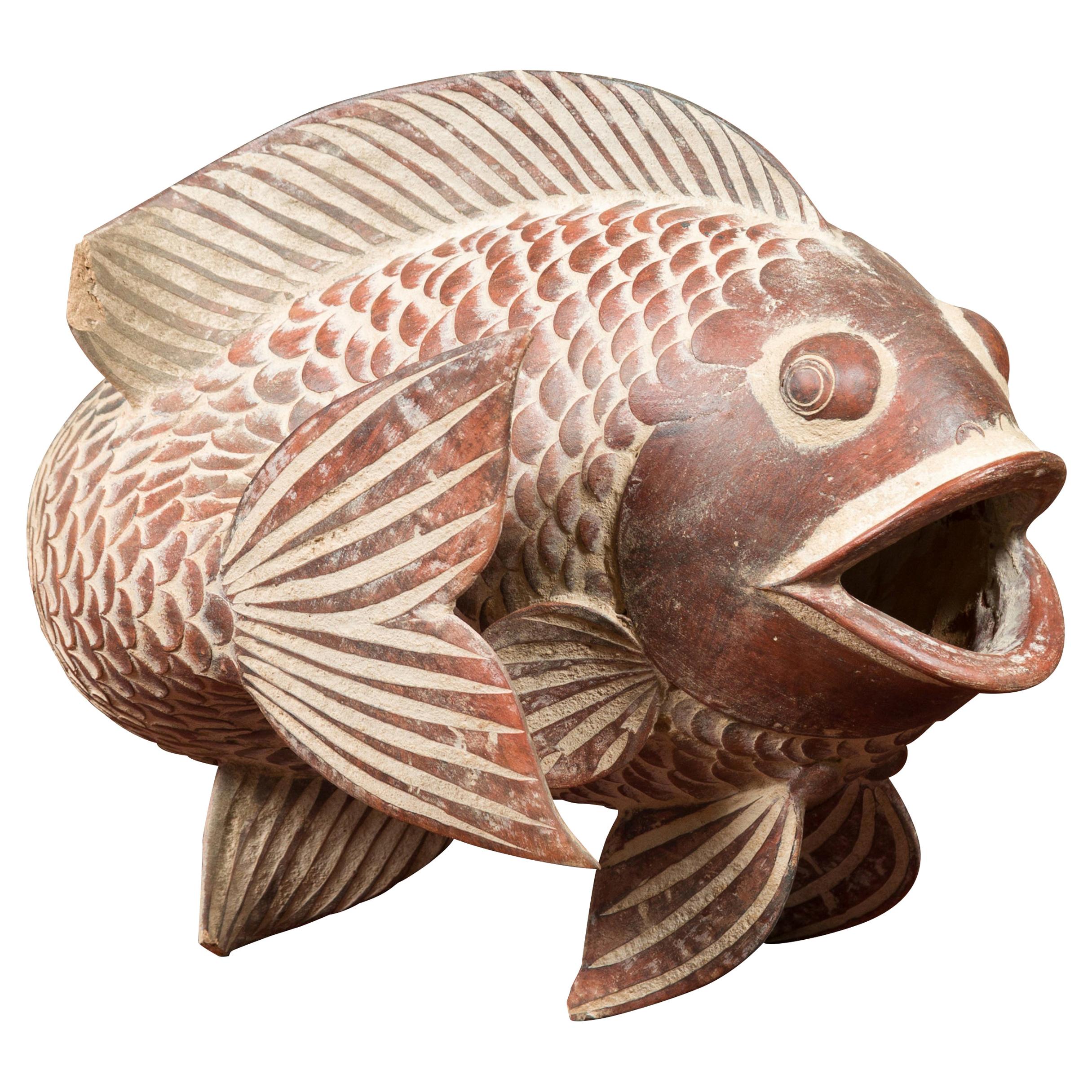 Contemporary Thai Terracotta Fish Sculpture with Brown Accents and Curving Fin