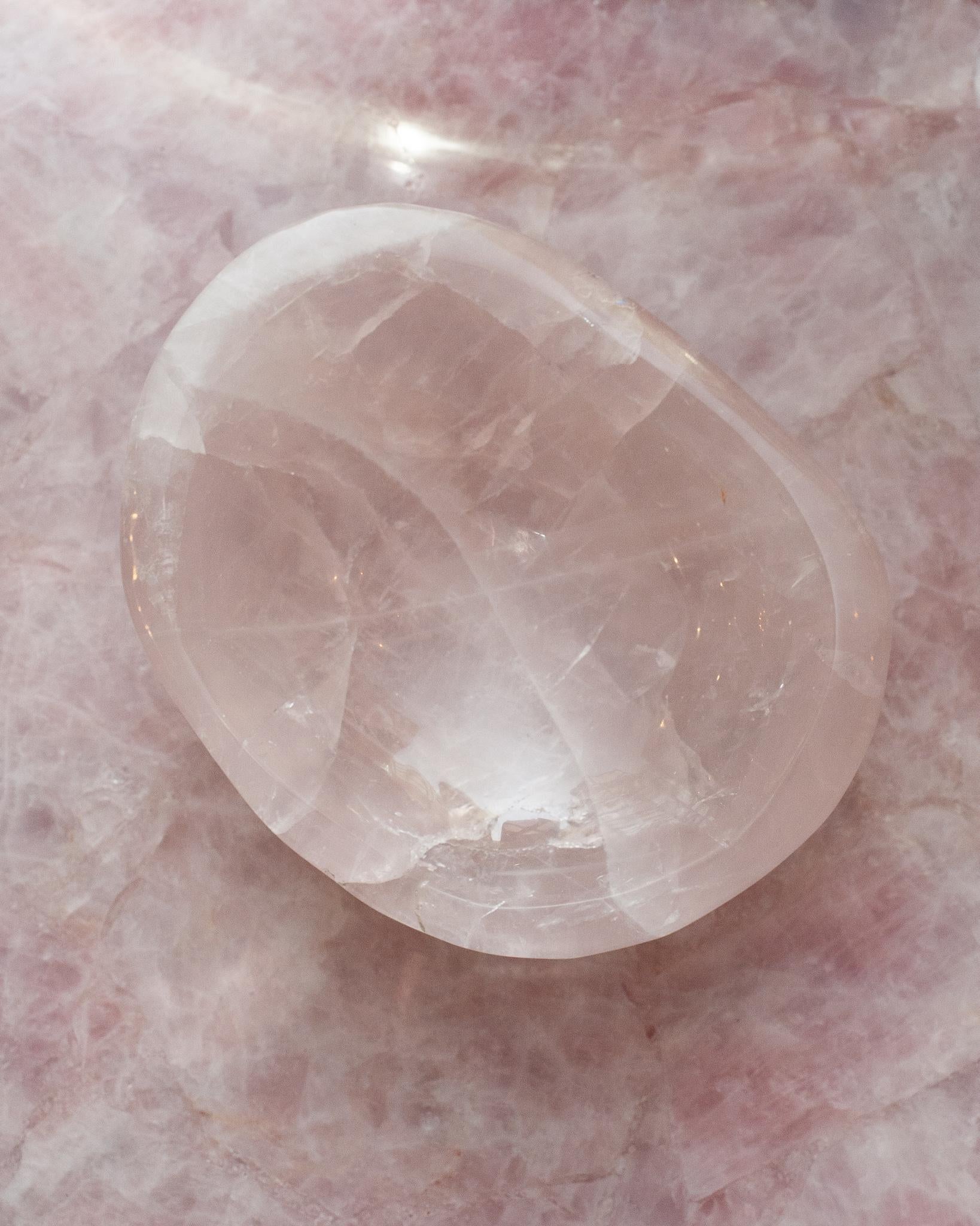 American Contemporary Thick Rose Quartz Crystal Bowl For Sale