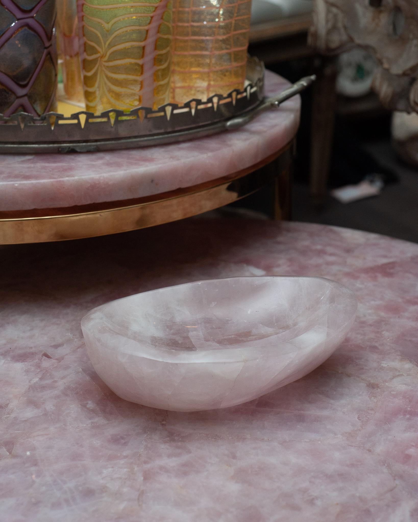 American Contemporary Thick Rose Quartz Crystal Bowl
