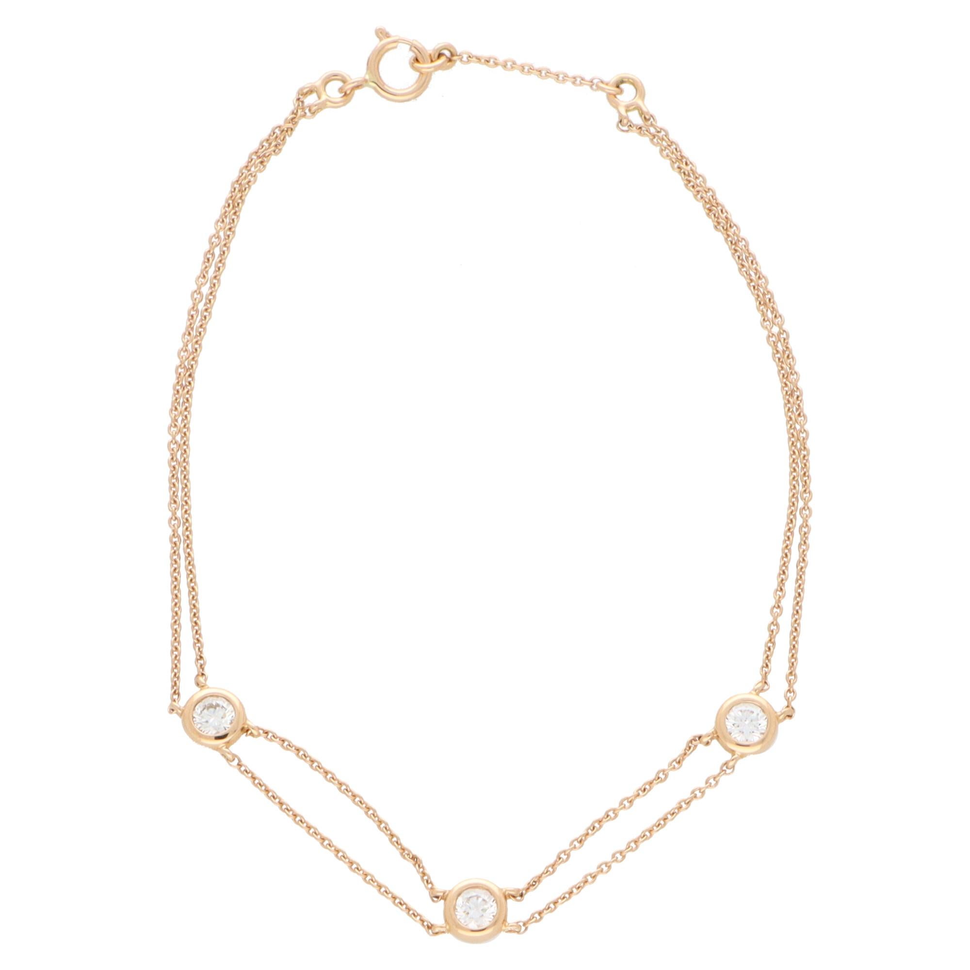 Modern Contemporary Three Diamond Chain Bracelet in 18k Rose Gold For Sale