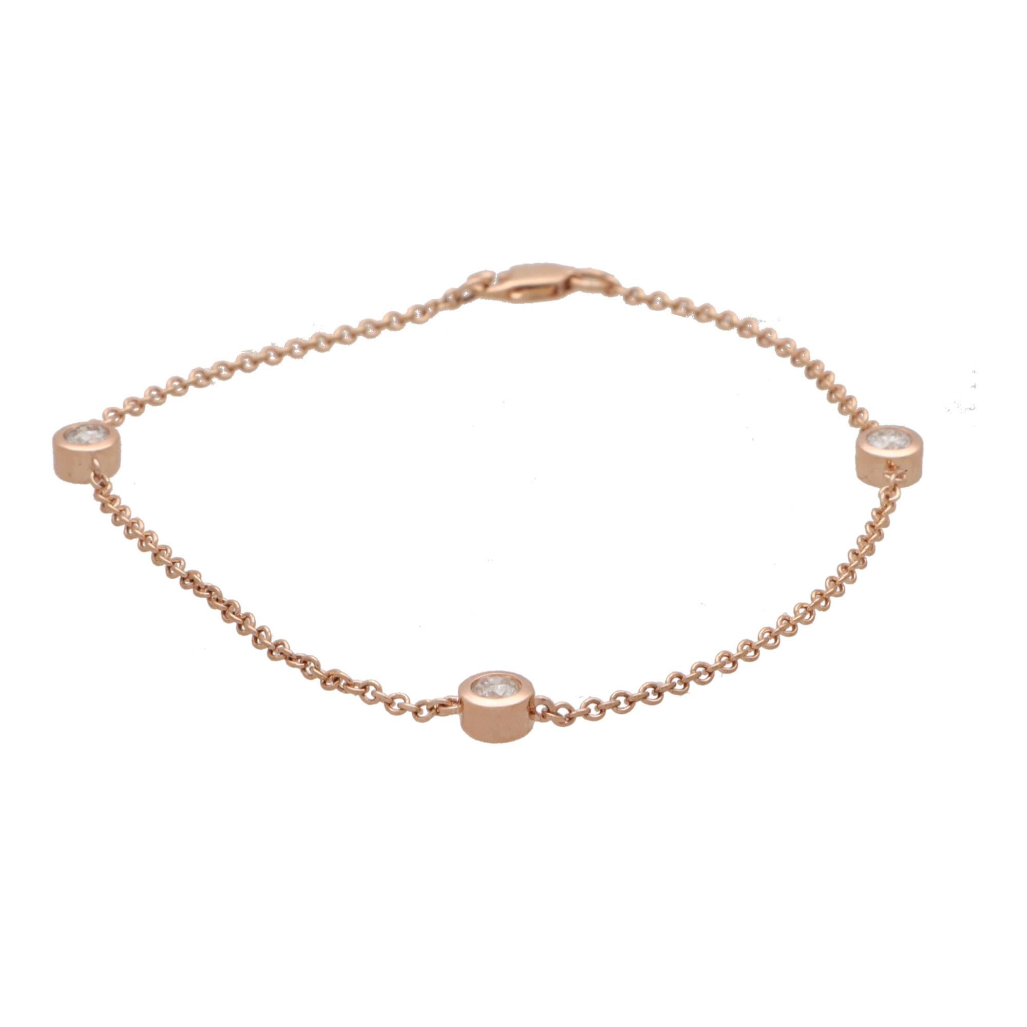 Round Cut Contemporary Three Diamond Chain Link Bracelet in 14k Rose Gold For Sale