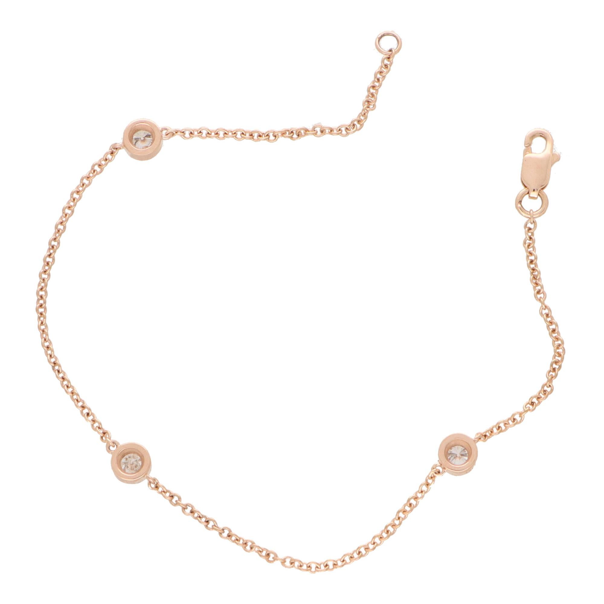 Women's or Men's Contemporary Three Diamond Chain Link Bracelet in 14k Rose Gold For Sale
