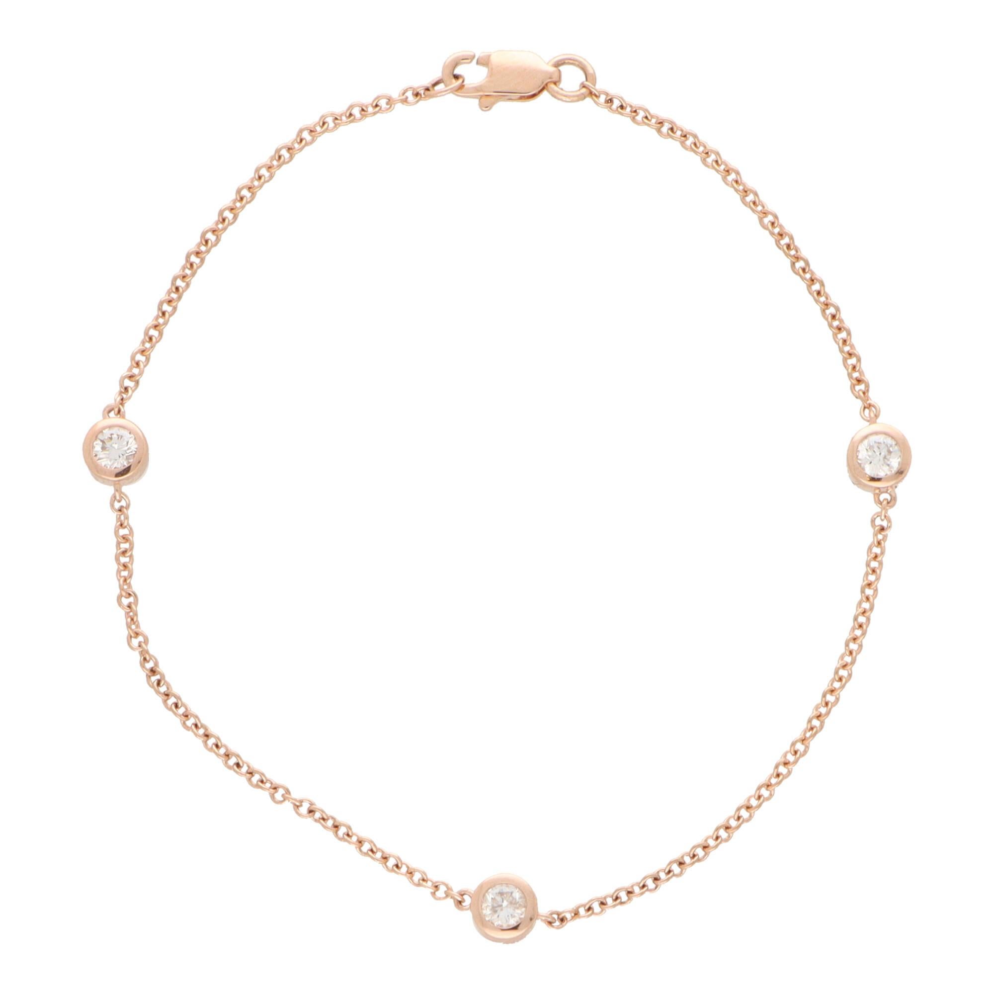 Contemporary Three Diamond Chain Link Bracelet in 14k Rose Gold For Sale