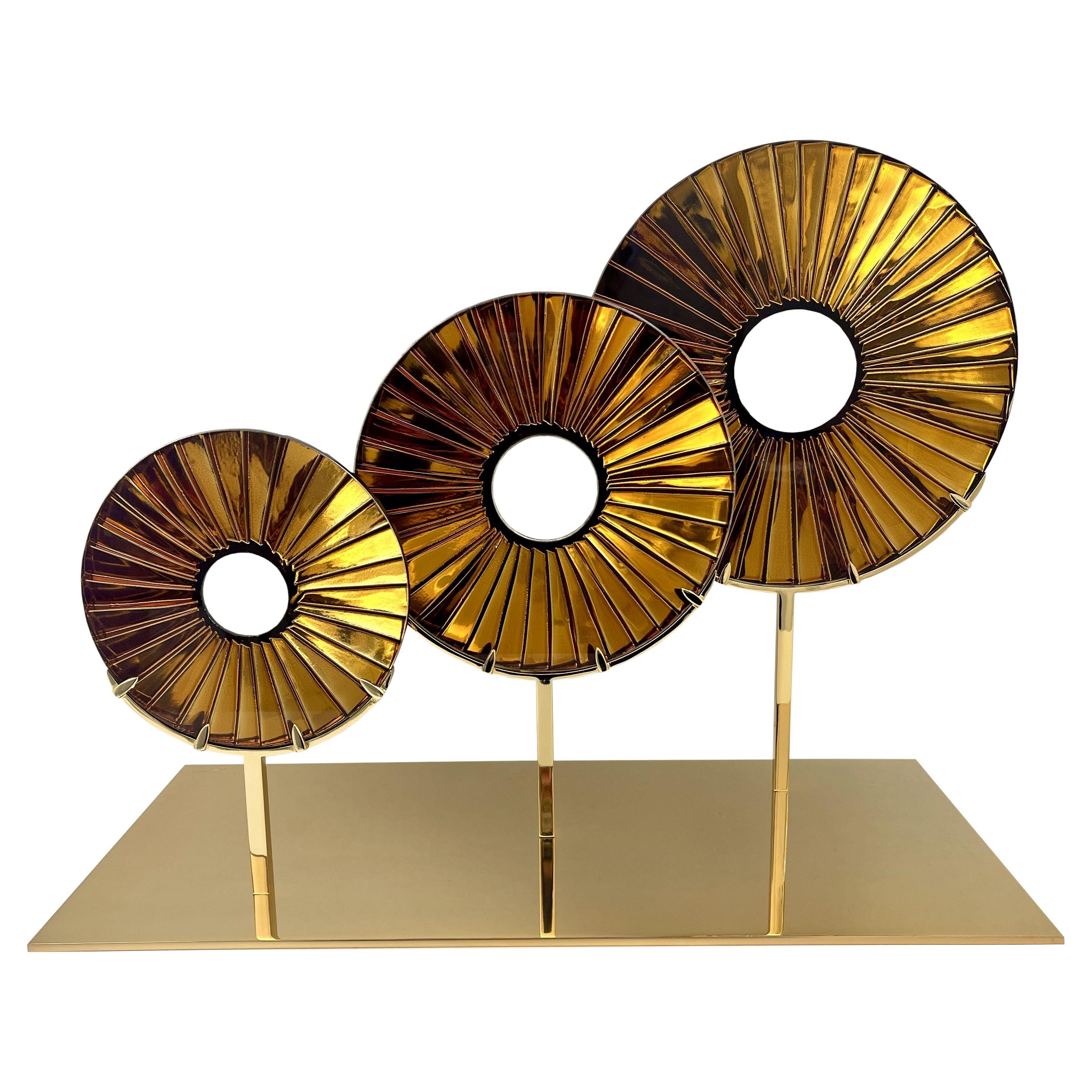 Contemporary 'Three Eyes' Sculpture Amber Glass, Brass 24kt Gold by Ghiró Studio For Sale