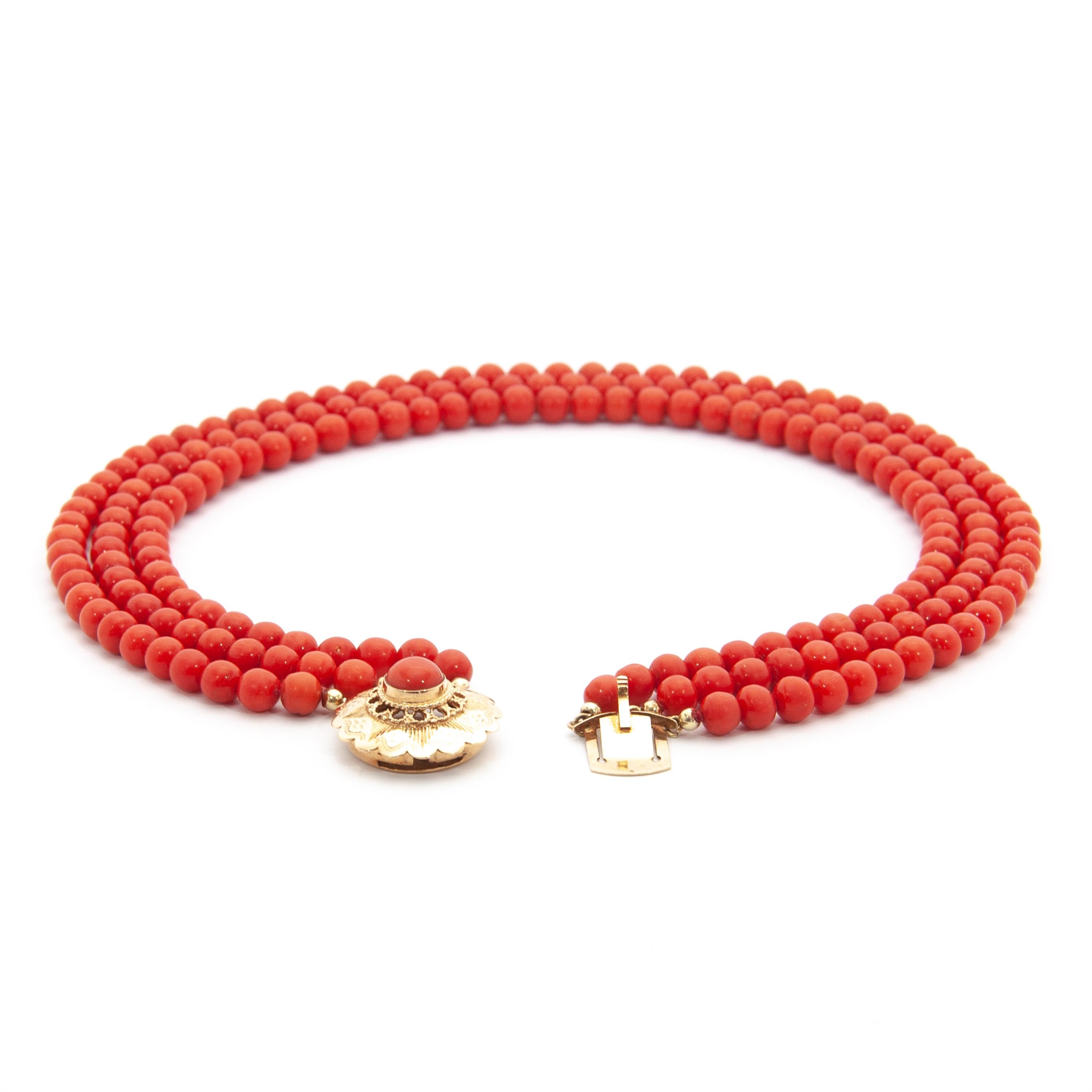 Art Deco 14 Karat Rose Gold Multi-Strand Red Coral Beaded Necklace