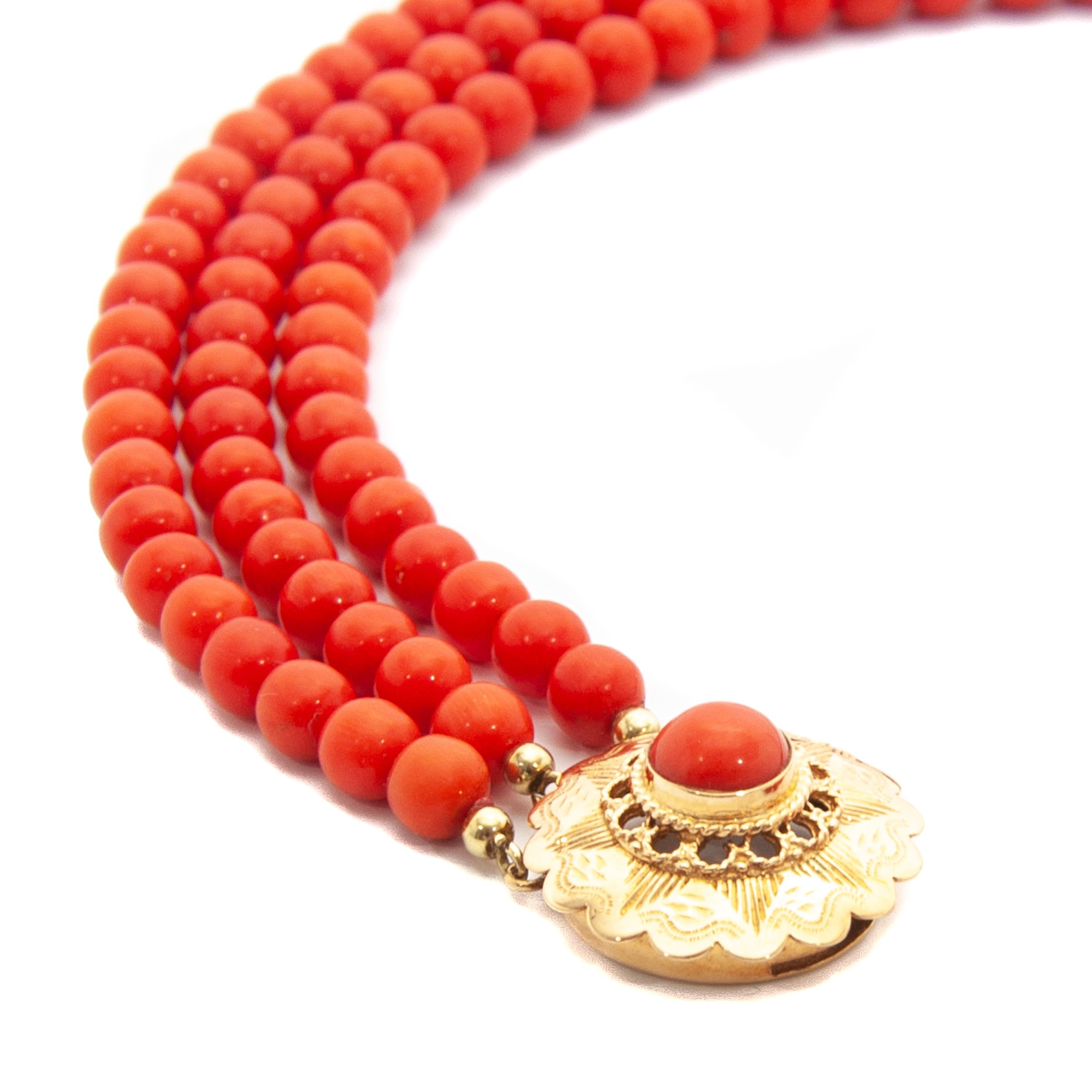 Round Cut 14 Karat Rose Gold Multi-Strand Red Coral Beaded Necklace
