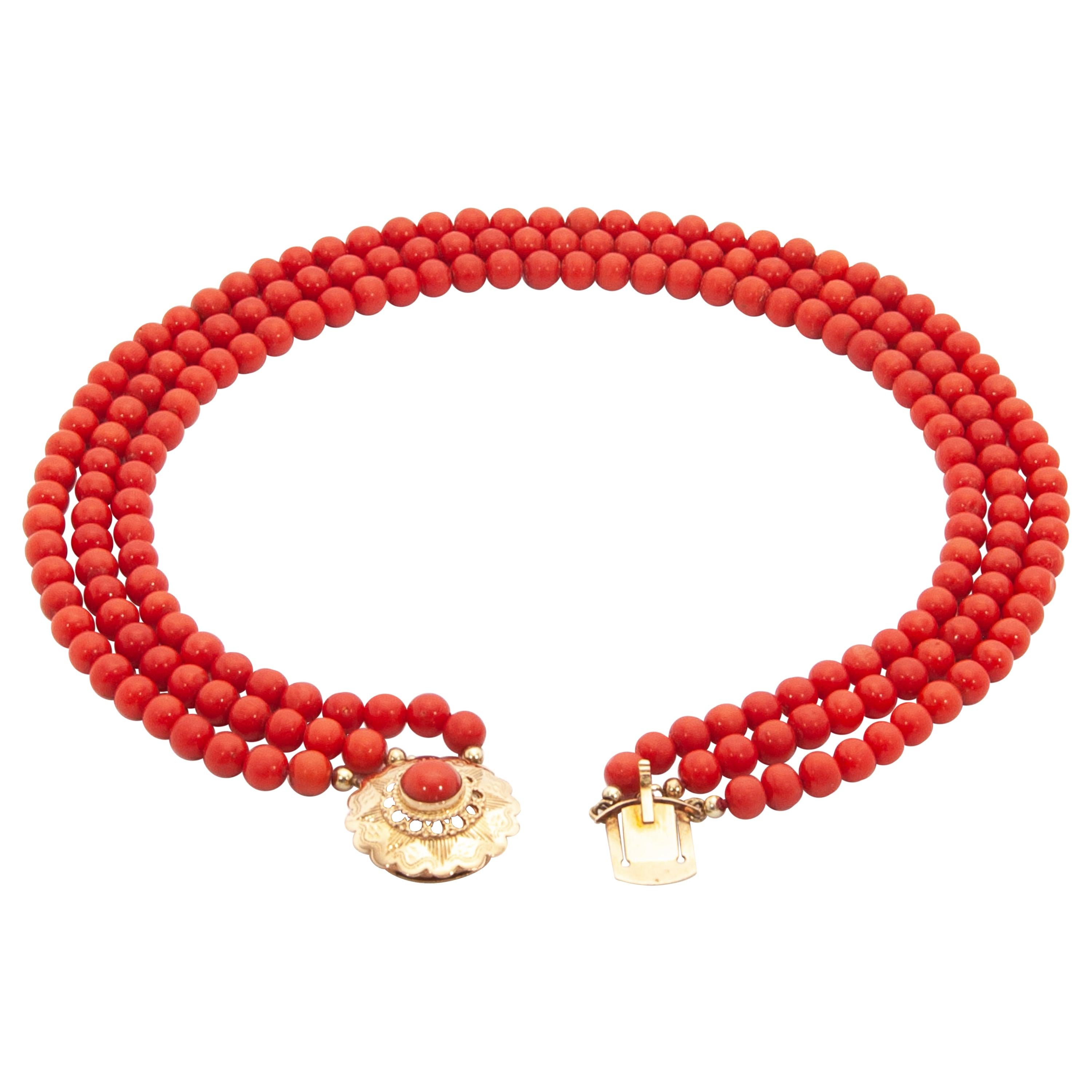 14 Karat Rose Gold Multi-Strand Red Coral Beaded Necklace