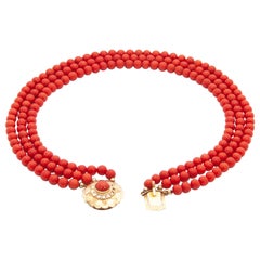 Collier de perles en or rose 14 carats et corail rouge à plusieurs rangs