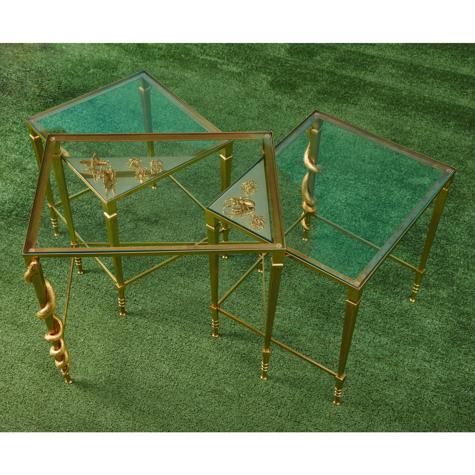 One-of-a-kind Three Tops Brass Side Table with Insects and Snakes Sculptures For Sale 1