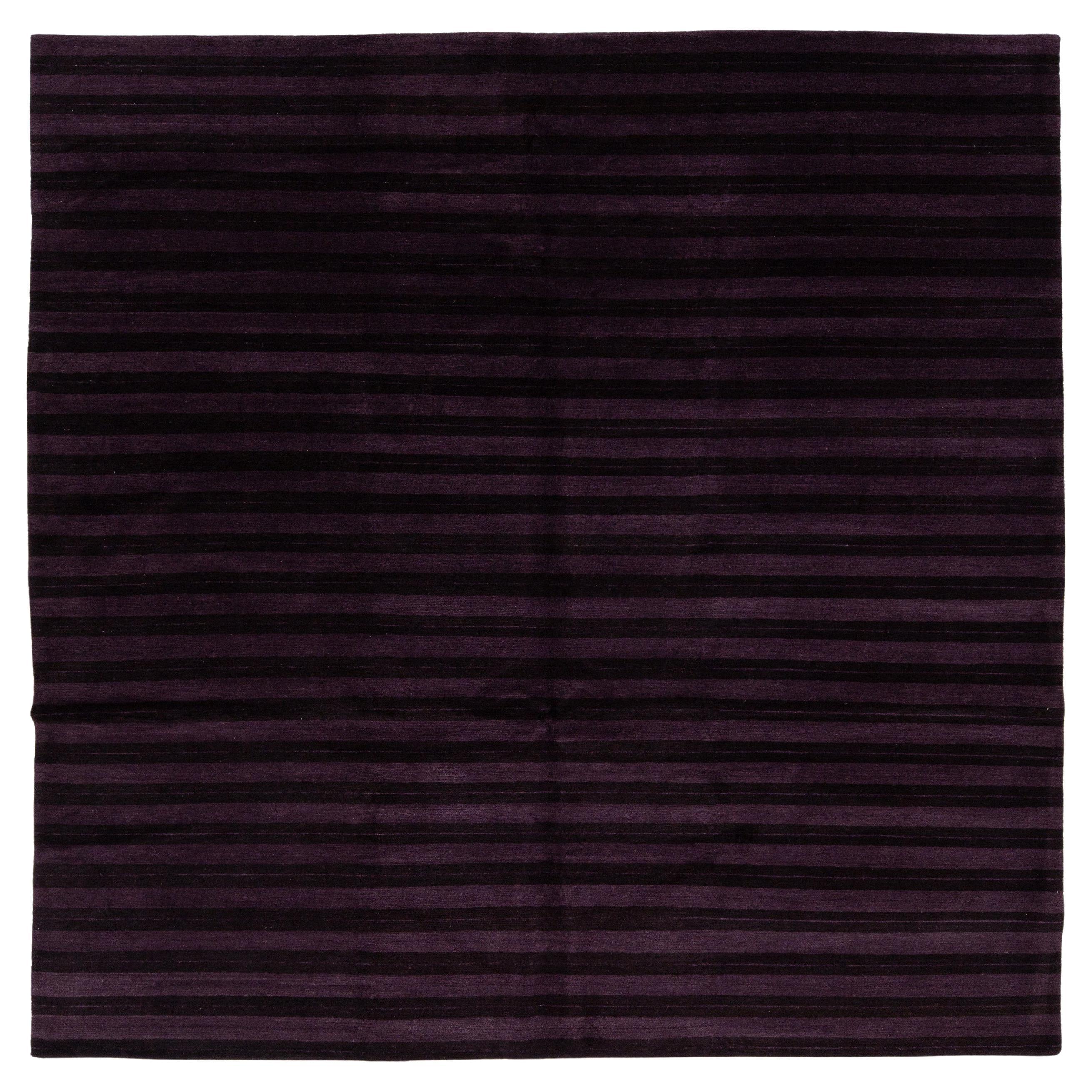 Contemporary Tibetan Hand-Knotted Wool and Silk Rug with Deep Plum Stripes For Sale