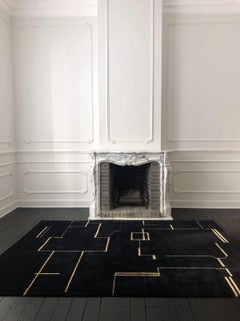Contemporary Tibetan Rug Hand-Knotted in Nepal, Black, Gold