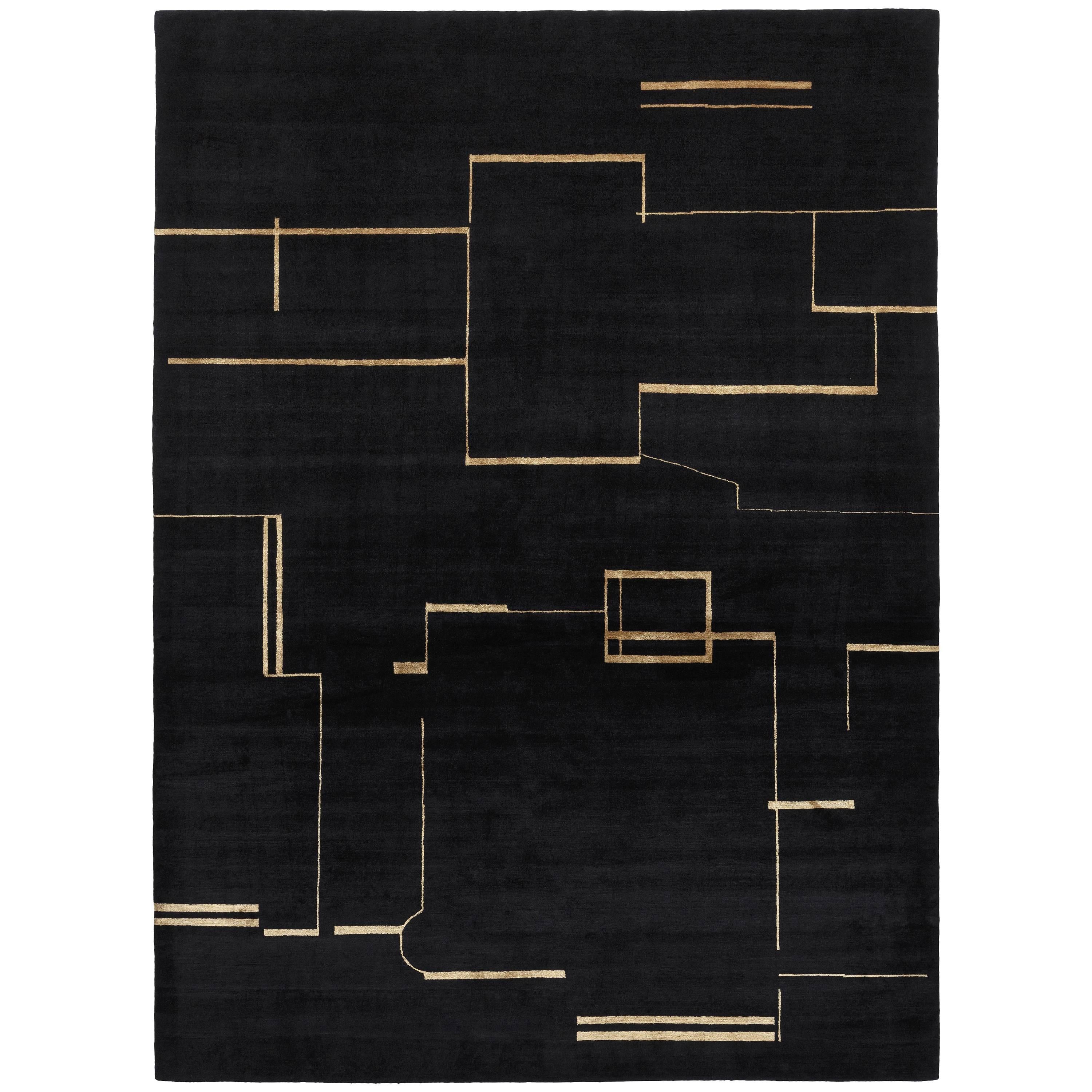 Contemporary Tibetan Rug Hand-Knotted in Nepal, Black, Gold For Sale
