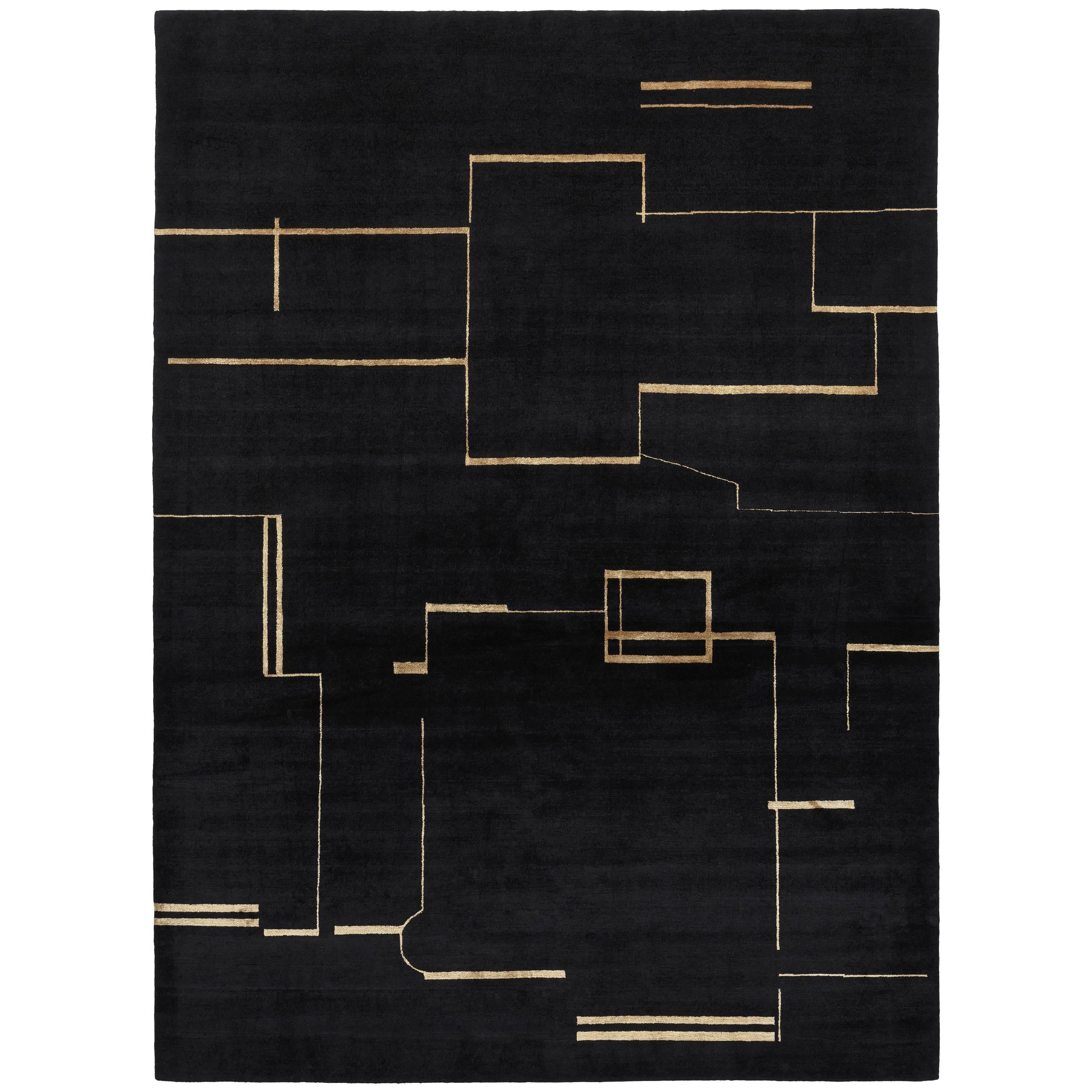 Contemporary Tibetan Rug Hand-Knotted in Nepal, Black, Gold For Sale
