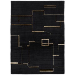 Contemporary Tibetan Rug Hand-Knotted in Nepal, Black, Gold