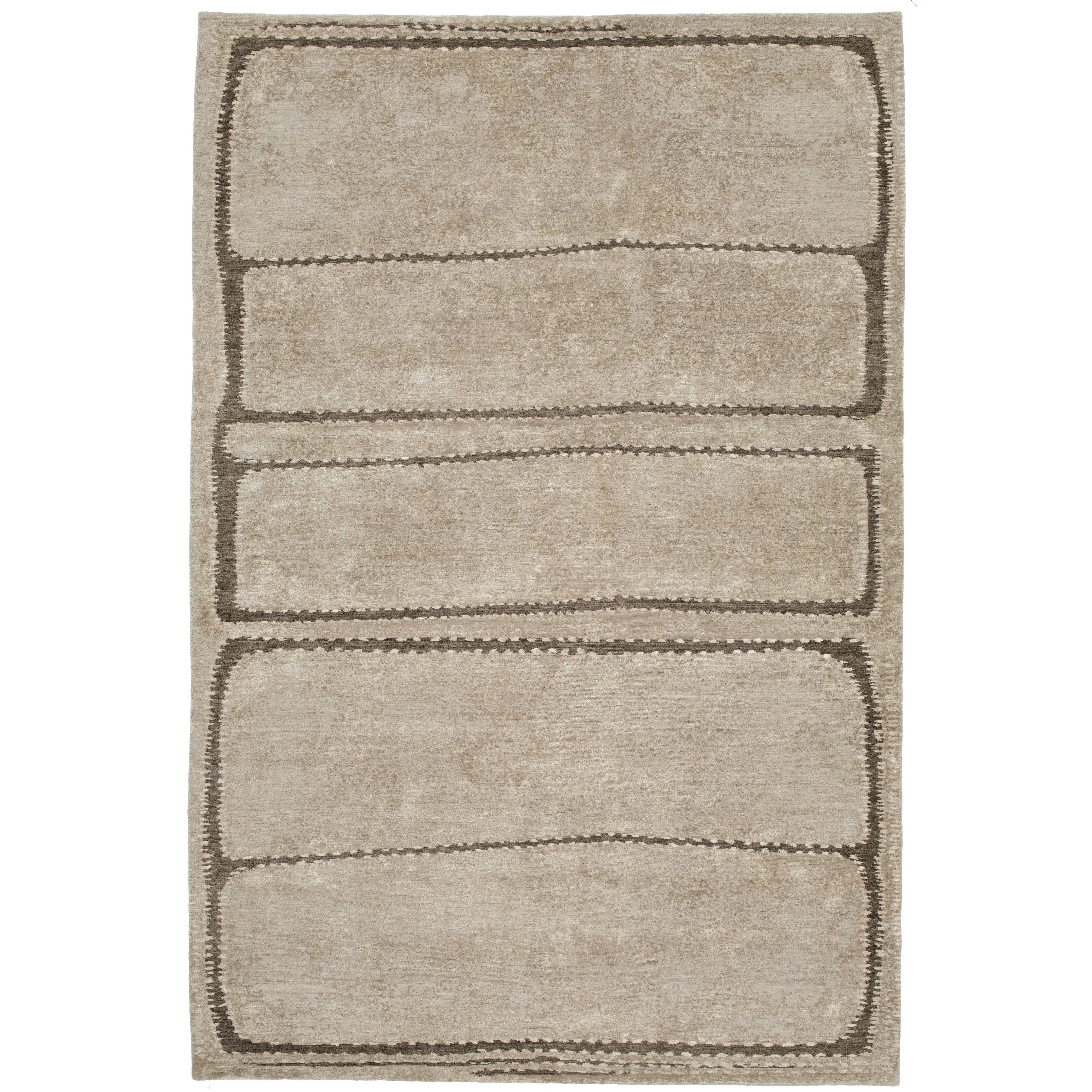 Contemporary Tibetan Rug Hand-Knotted in Nepal, Grey Beige - Brown, White For Sale