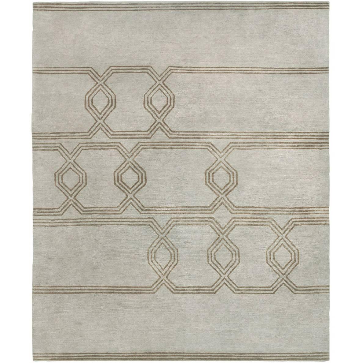 Contemporary Tibetan Rug Hand-Knotted in Nepal, Light Grey - Green Brown For Sale