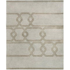 Contemporary Tibetan Rug Hand-Knotted in Nepal, Light Grey - Green Brown