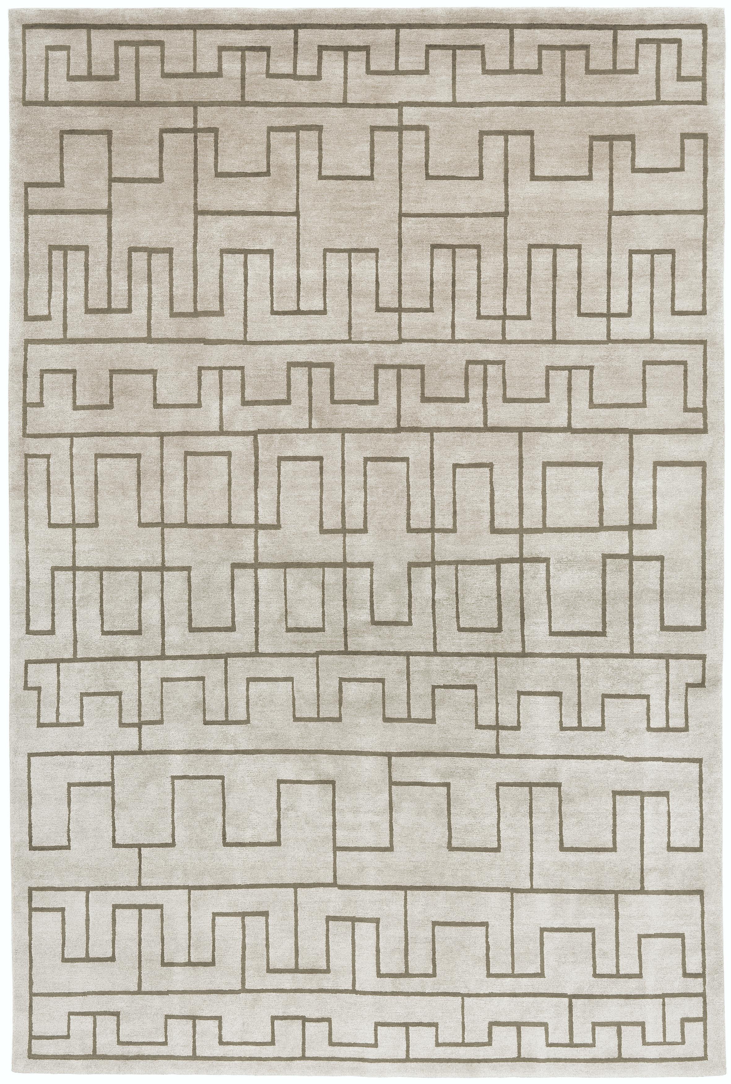 Scandinavian Modern Contemporary Tibetan Rug Hand-Knotted in Nepal, Light Grey - Olive Green For Sale