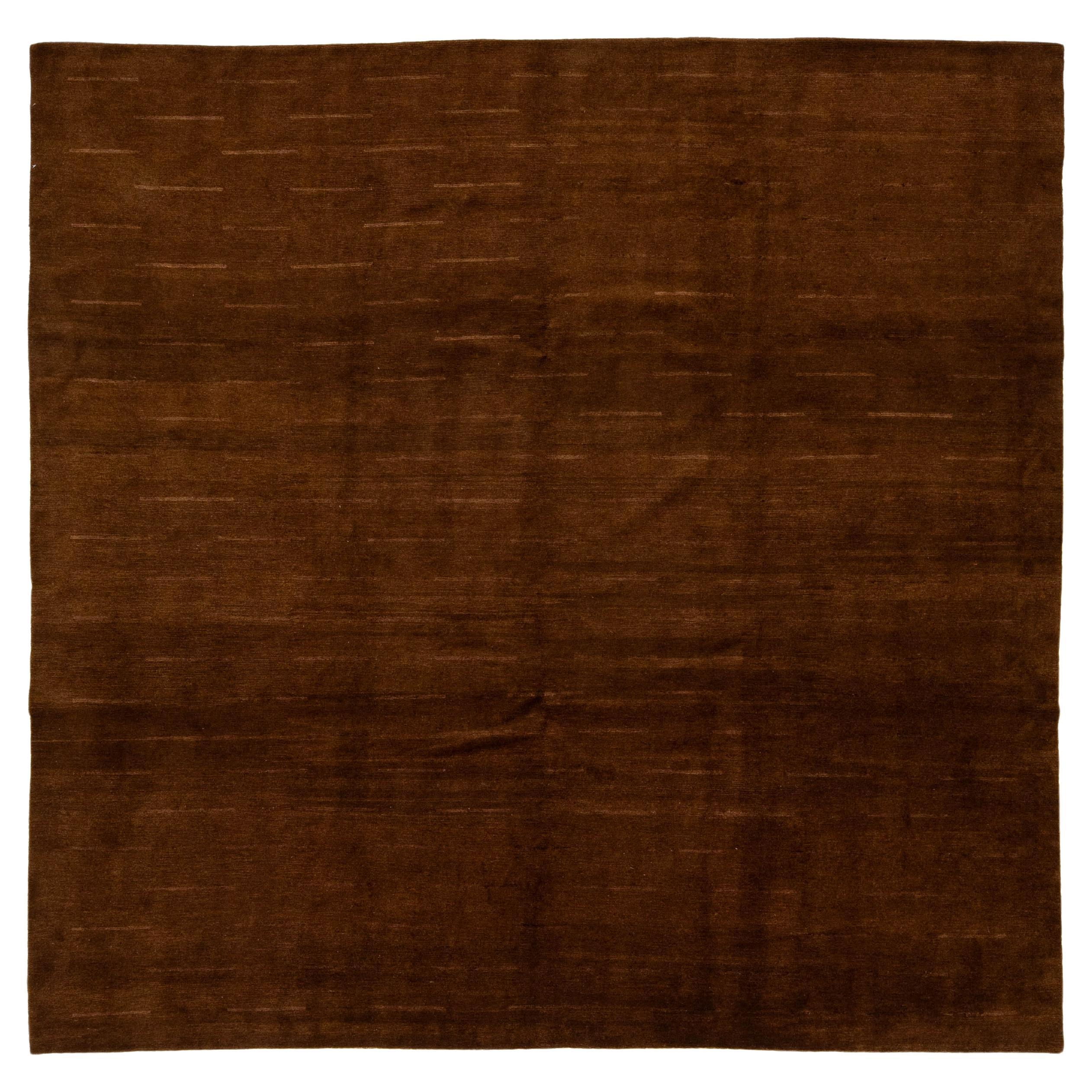 Contemporary Tibetan Wool & Silk Square Rug In Brown Color