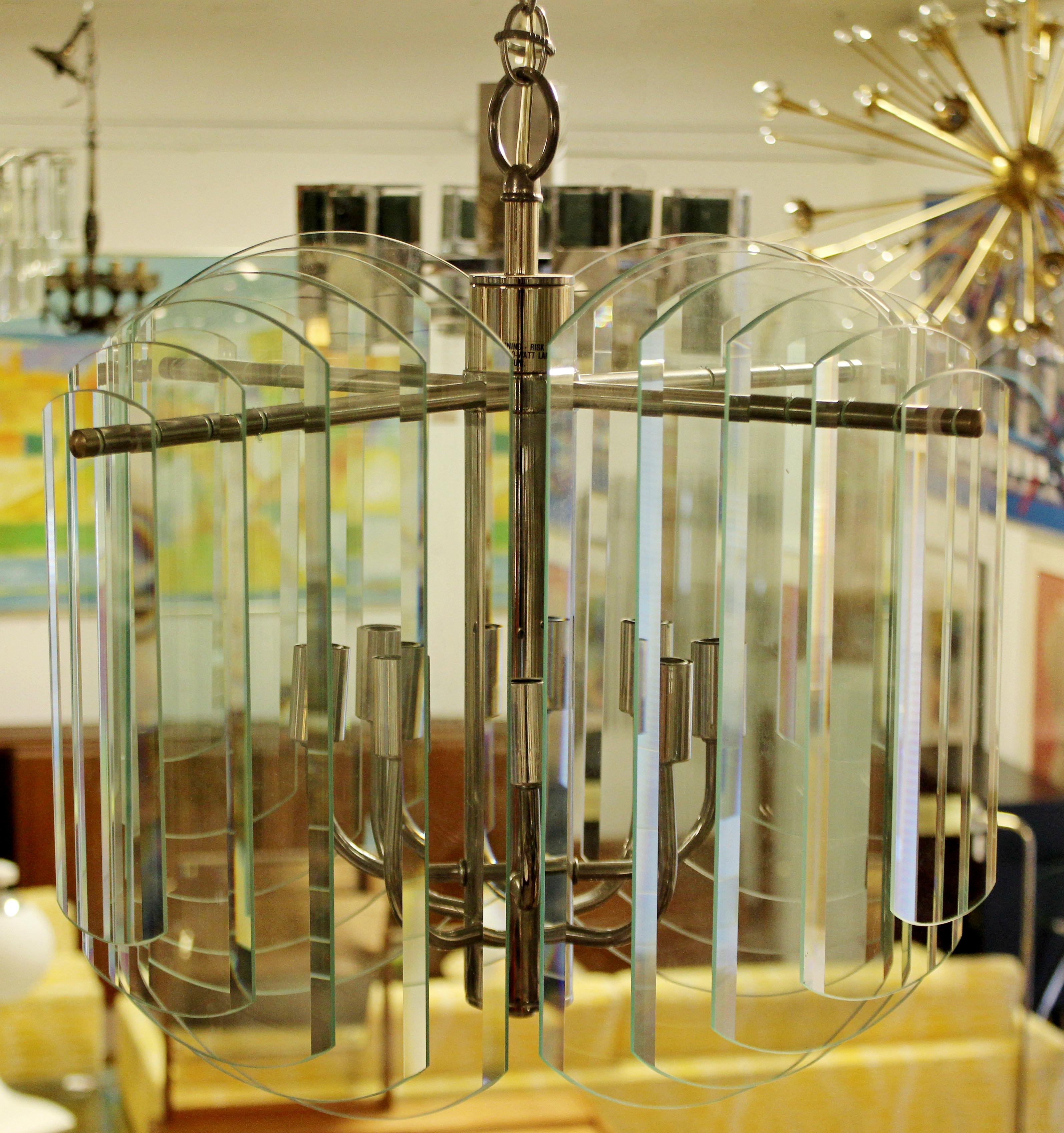 Late 20th Century Contemporary Tiered Glass and Chrome Chandelier by Forecast Lighting Co., 1980s For Sale