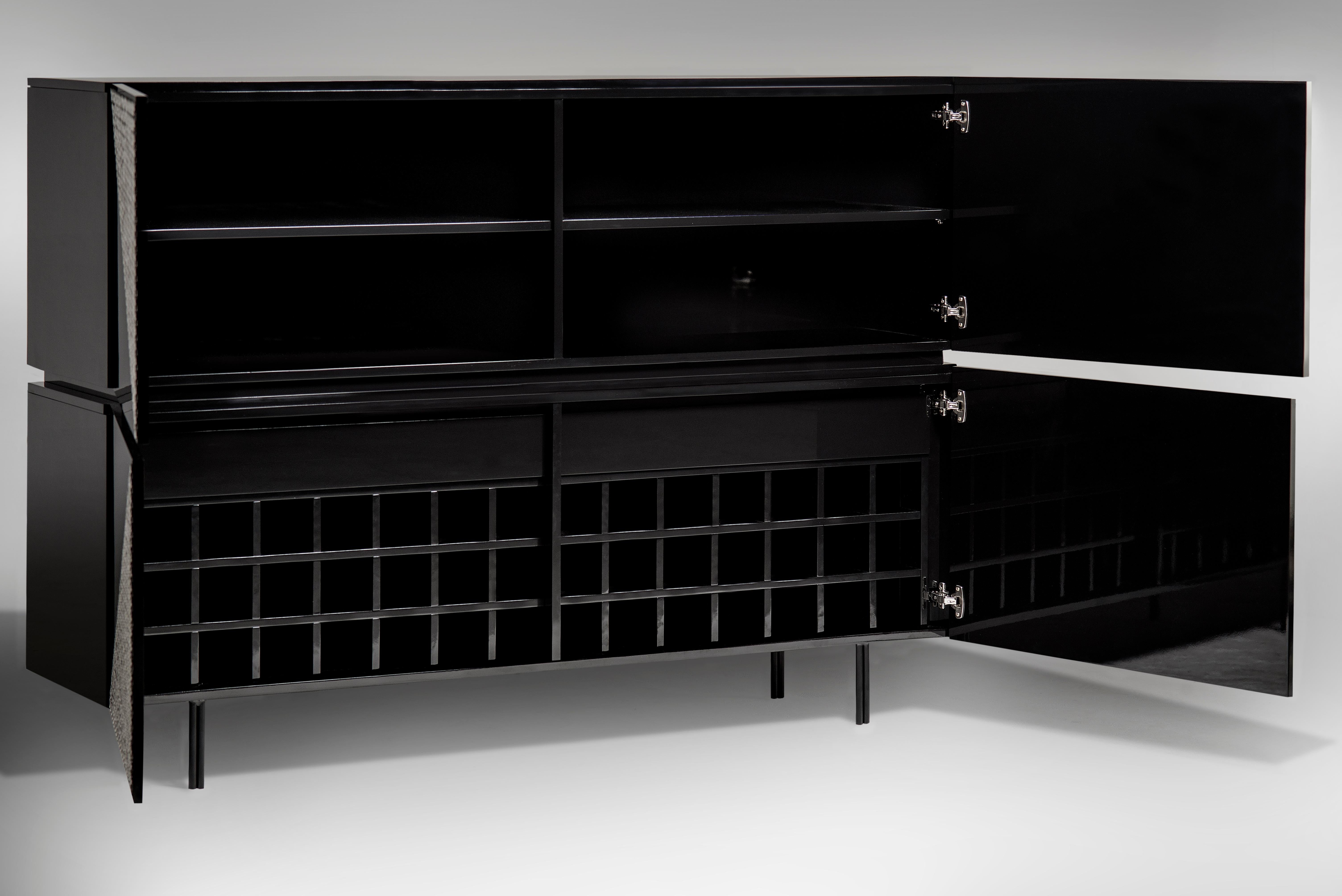 Contemporary Tigah Wine Rack Sideboard In Black Lacquer By Larissa
