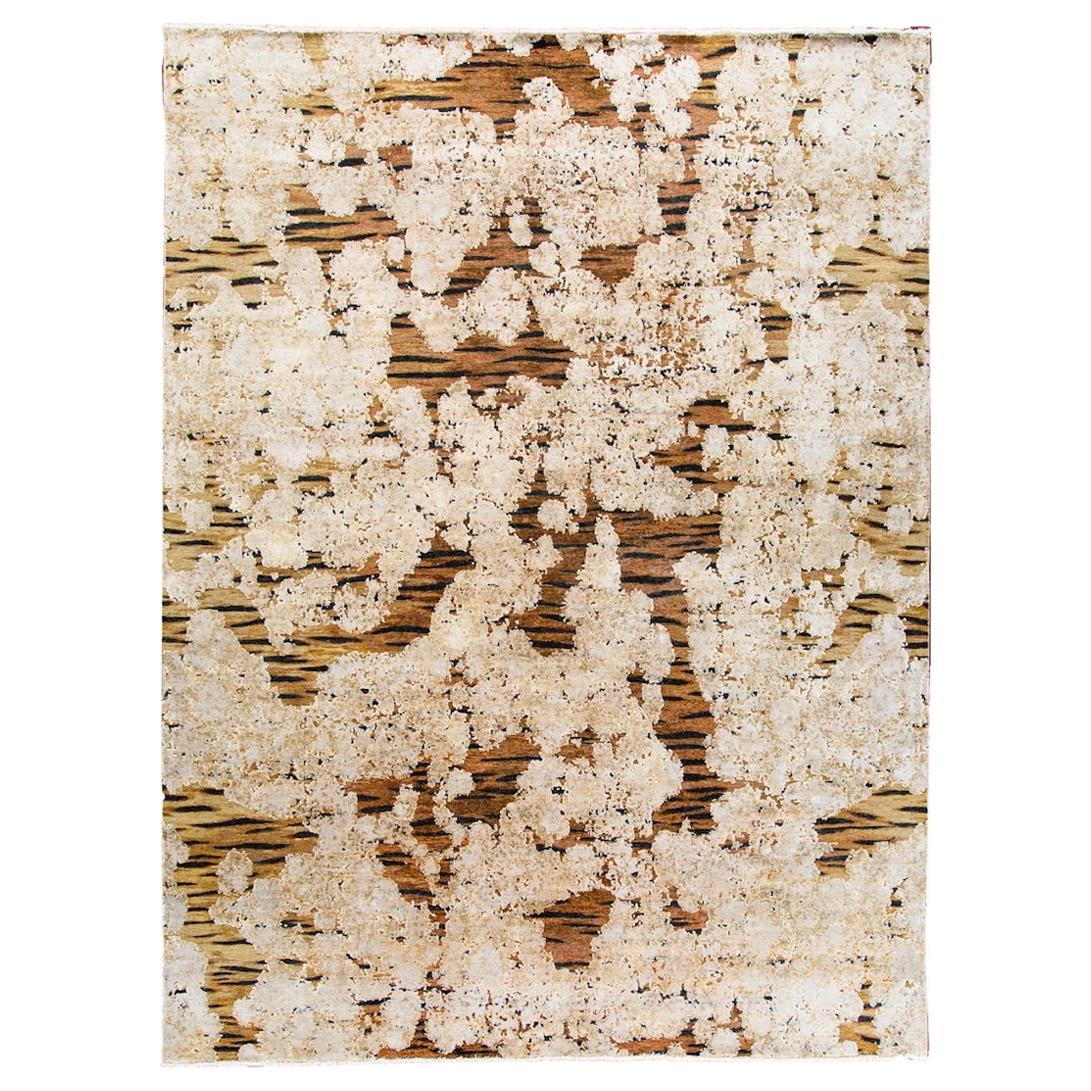 Contemporary Tiger Wool and Silk Hand-Knotted Indian Rug in Brown and Creme For Sale