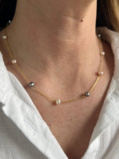 Contemporary Tin Cup Multi Color Pearl 14k Yellow Gold Station Necklace