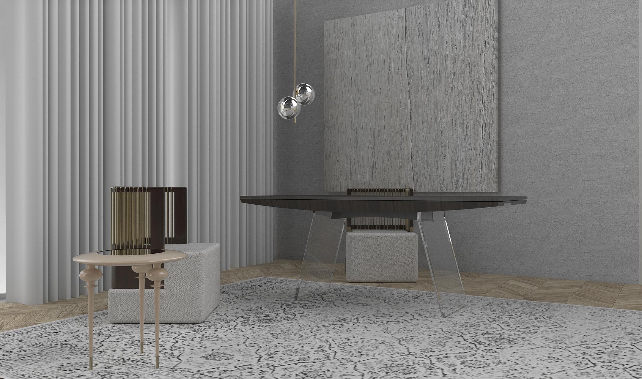 Americano Scrivania Toba contemporanea Piano in legno massiccio gambe in lucite trasparente in vendita