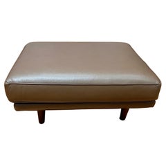 Used Contemporary Top Grade Brown Leather Ottoman with Walnut Legs