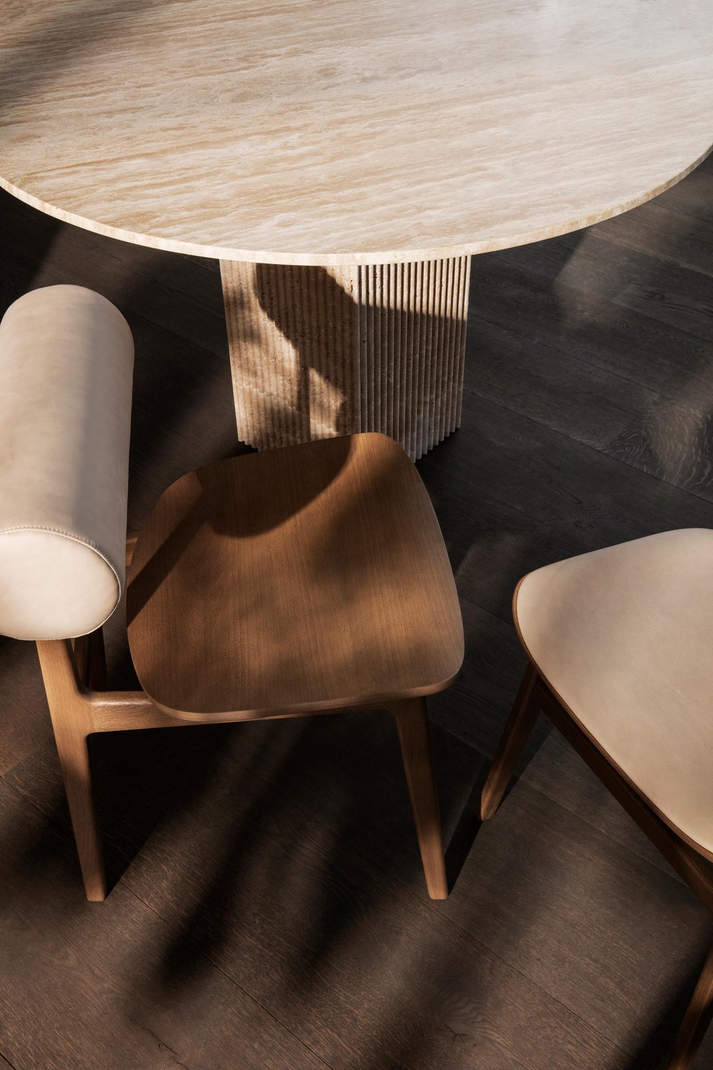 Totem Chair
Signed by Kristian Sofus Hansen and Tommy Hyldahl for Norr11. 

Model shown on the main picture: 
Wood: Black oak
Back: Leather, Sorrenson (Terra Lime) 

Chair 
W 46 cm / D 53 cm / H 76 cm / SH 46 cm
Back rest ∅ 15 cm


Wood types