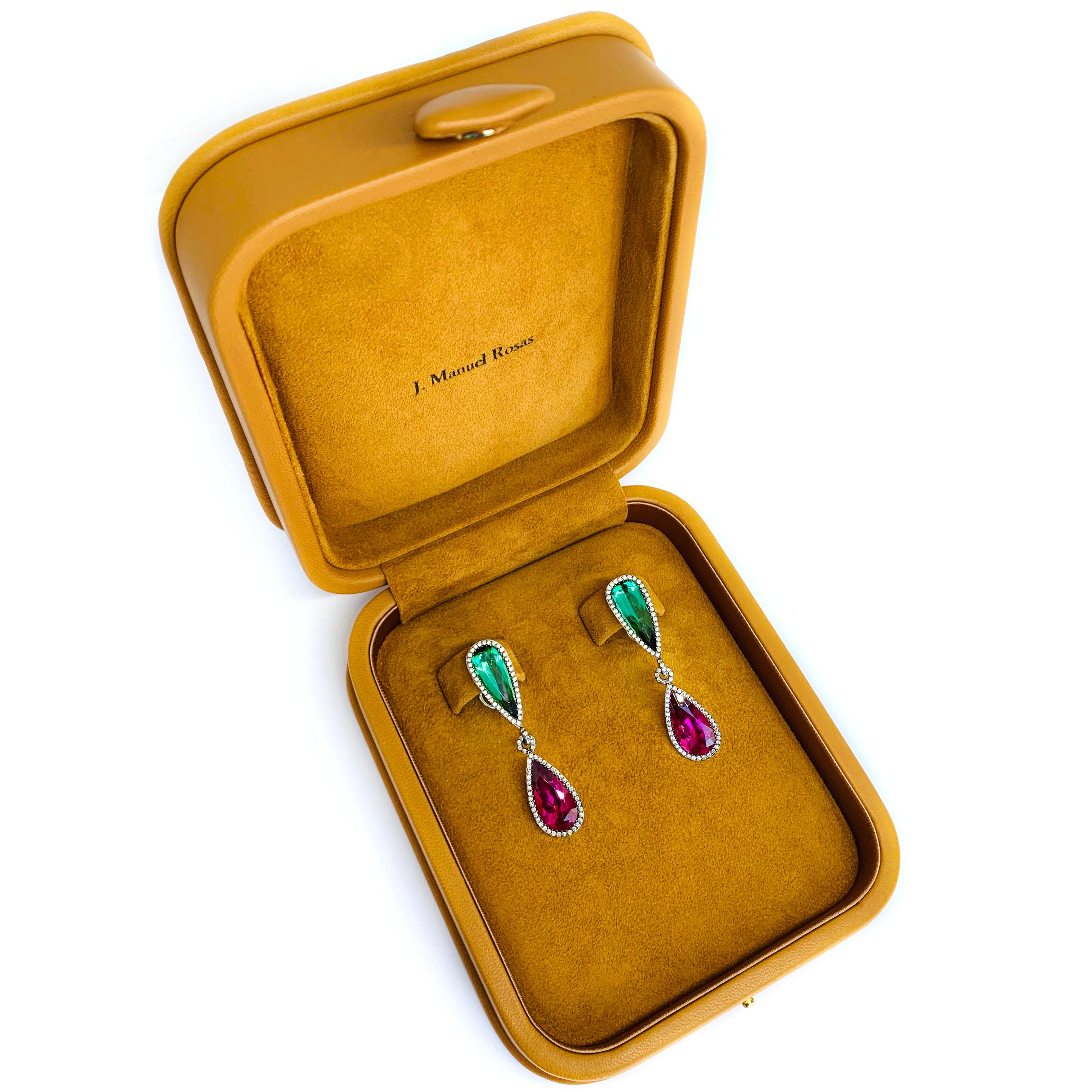 Contemporary Rosior one-off Tourmaline and Diamond Dangle Earrings set in White Gold