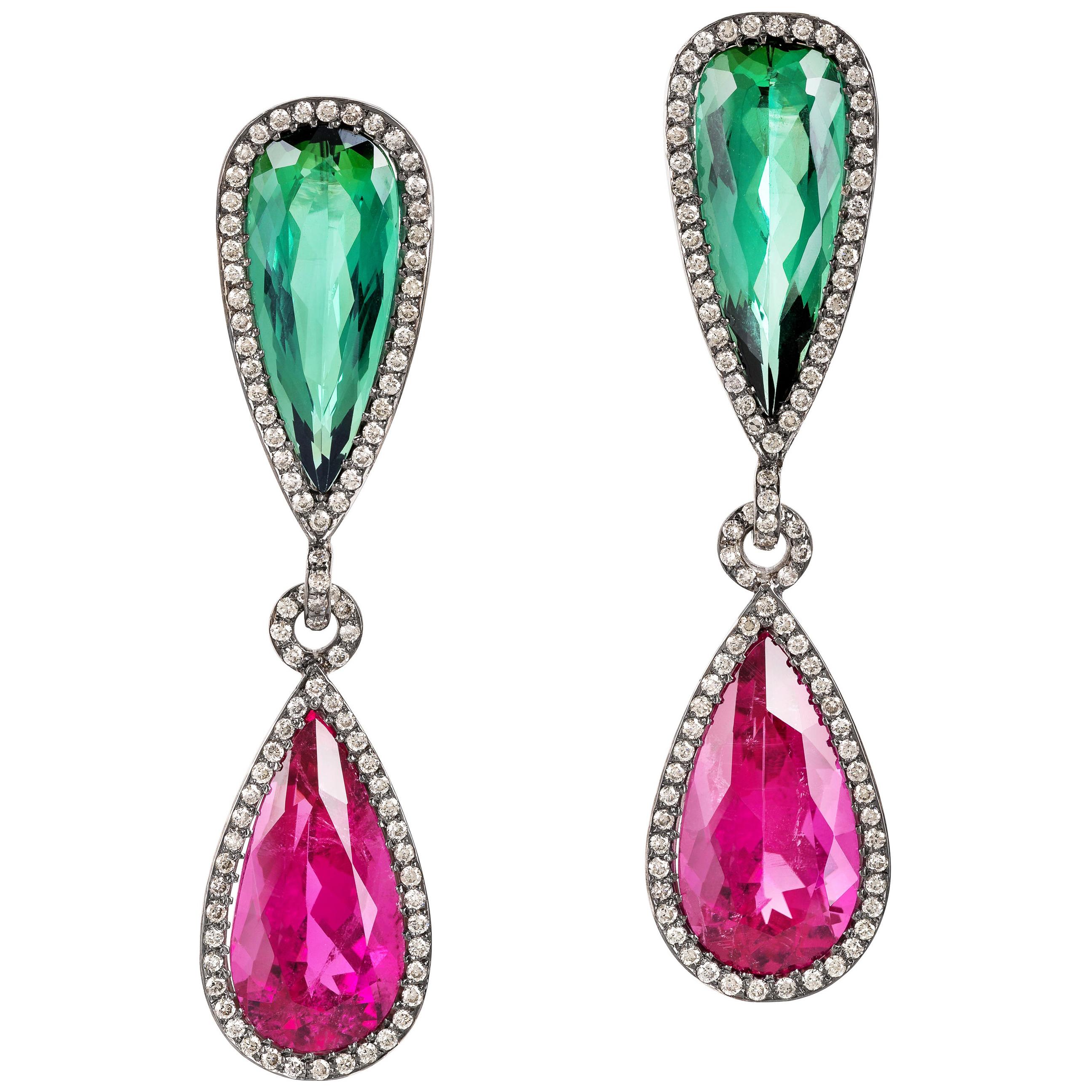 Rosior one-off Tourmaline and Diamond Dangle Earrings set in White Gold