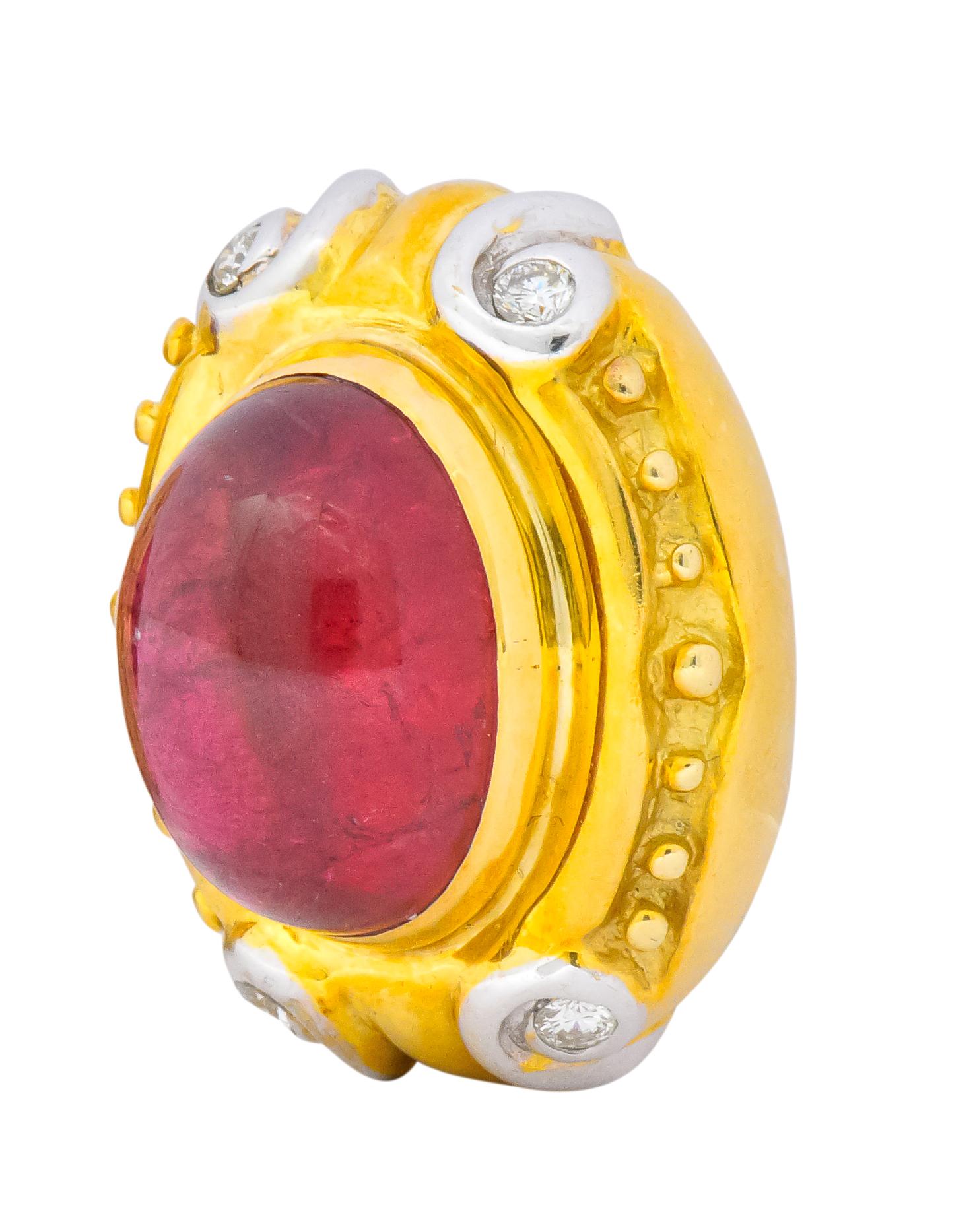 Each centering an oval cabochon pink tourmaline measuring approximately 16.0 x 12.0 mm, bright deep bubblegum pink and very well matched

Accented with round brilliant cut diamonds, weighing approximately 0.40 carat total, I/J color and VS to SI
