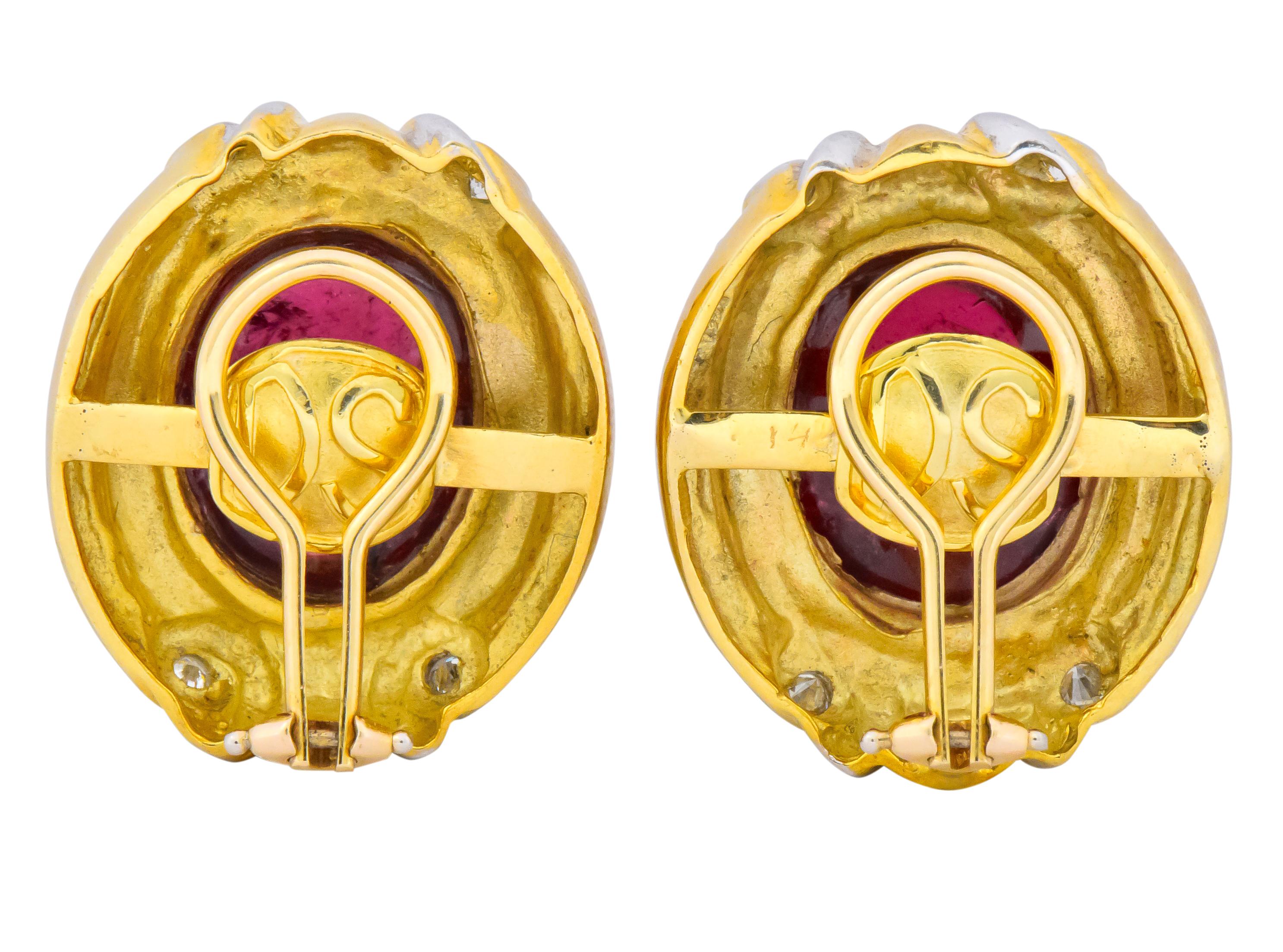 Rubellite Tourmaline Diamond 18 Karat Two-Tone Gold Ear-Clip Earrings In Excellent Condition In Philadelphia, PA