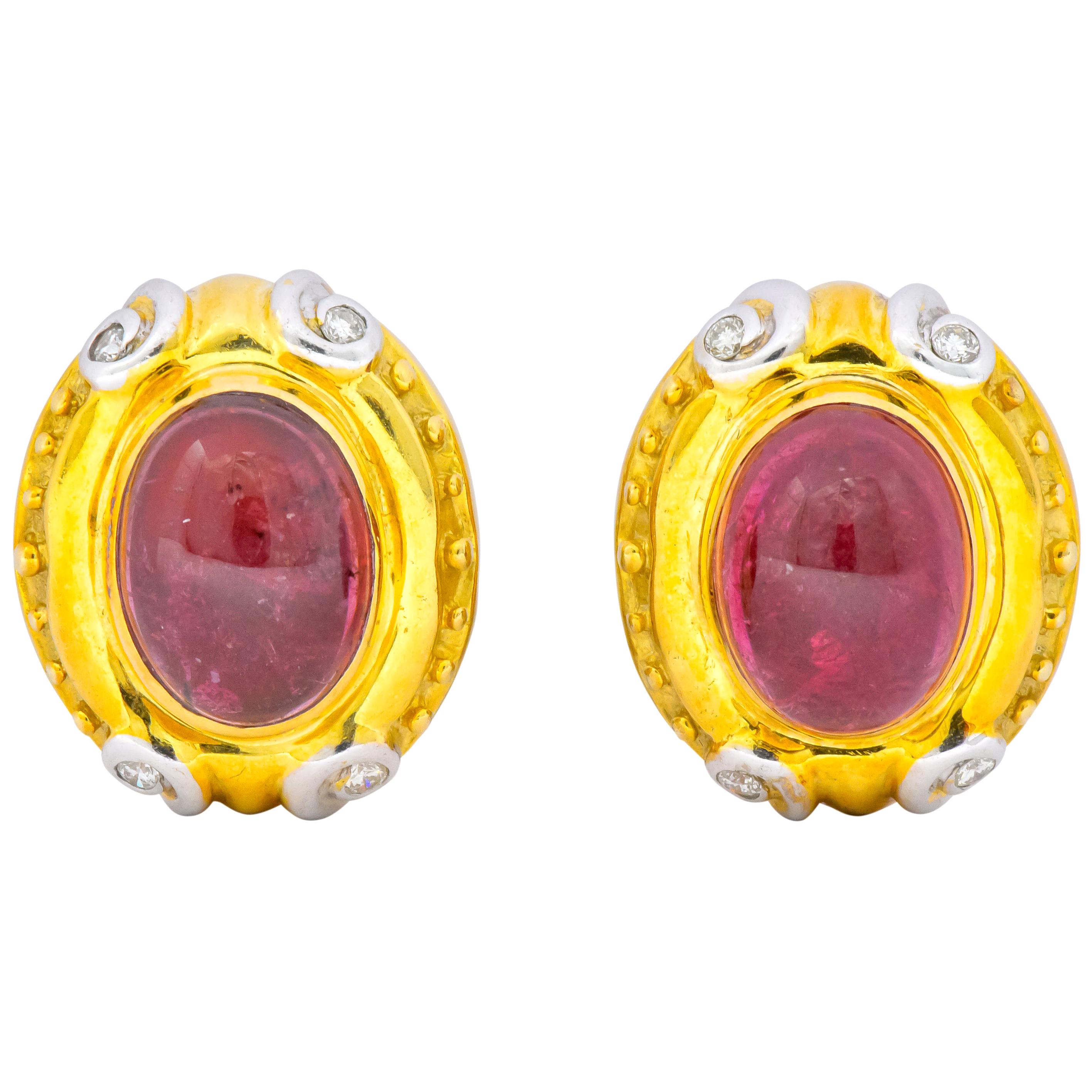 Rubellite Tourmaline Diamond 18 Karat Two-Tone Gold Ear-Clip Earrings